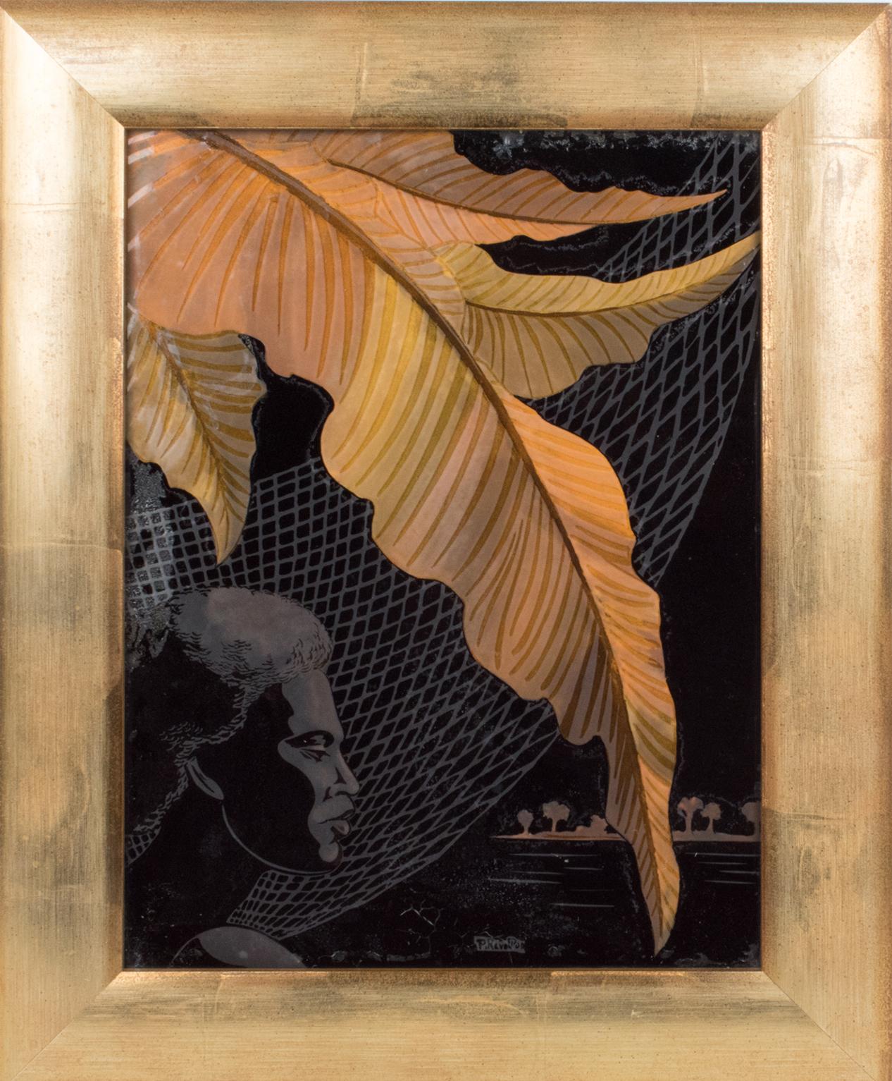 Peinture en verre inversé africaniste Art déco français des années 1930 par P. Revollon 13