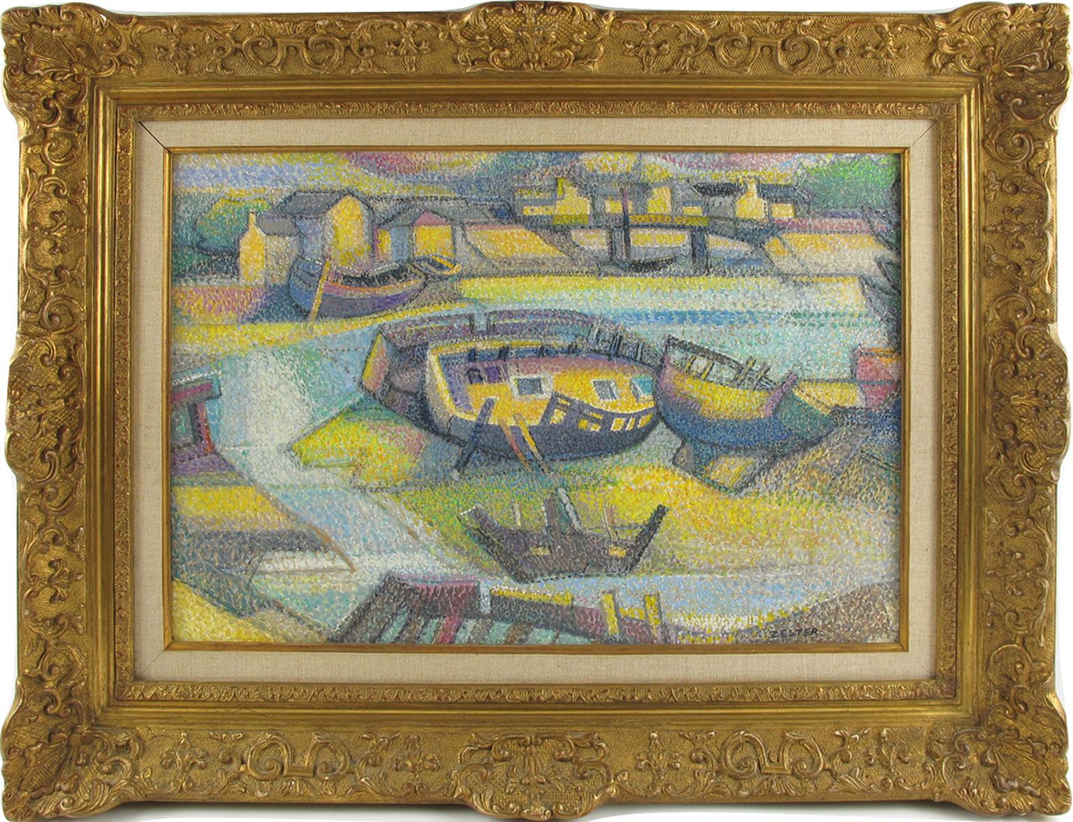 Pointillism Seaside Old Boats Cemetery Huile sur toile Peinture de Georges Zelter 5