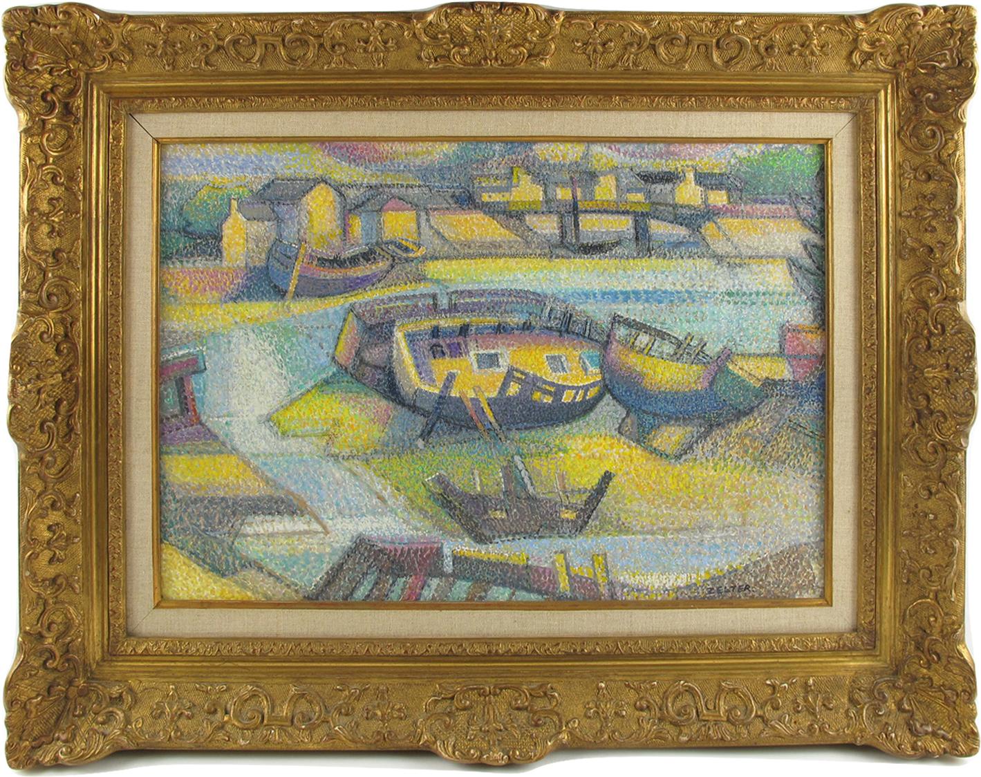 Georges Joseph Zelter Abstract Painting - Pointillism Seaside Old Boats Cemetery Oil on Canvas Painting by Georges Zelter