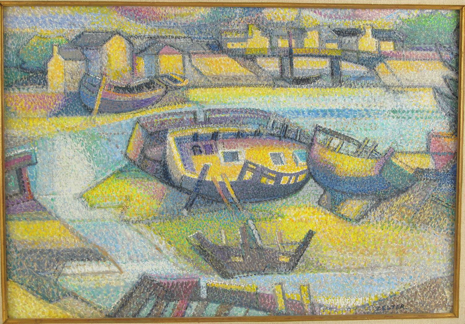 Pointillism Seaside Old Boats Cemetery Huile sur toile Peinture de Georges Zelter 2
