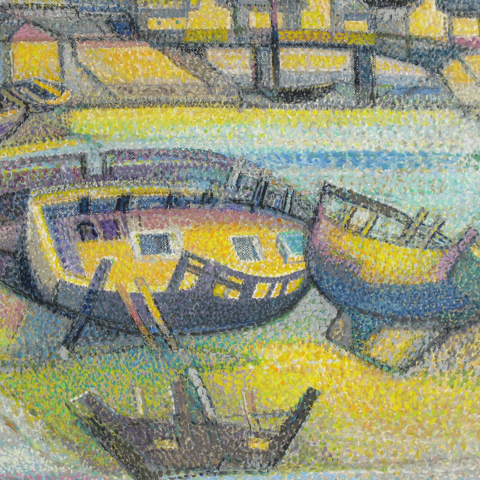 Pointillism Seaside Old Boats Cemetery Oil on Canvas Painting by Georges Zelter 4