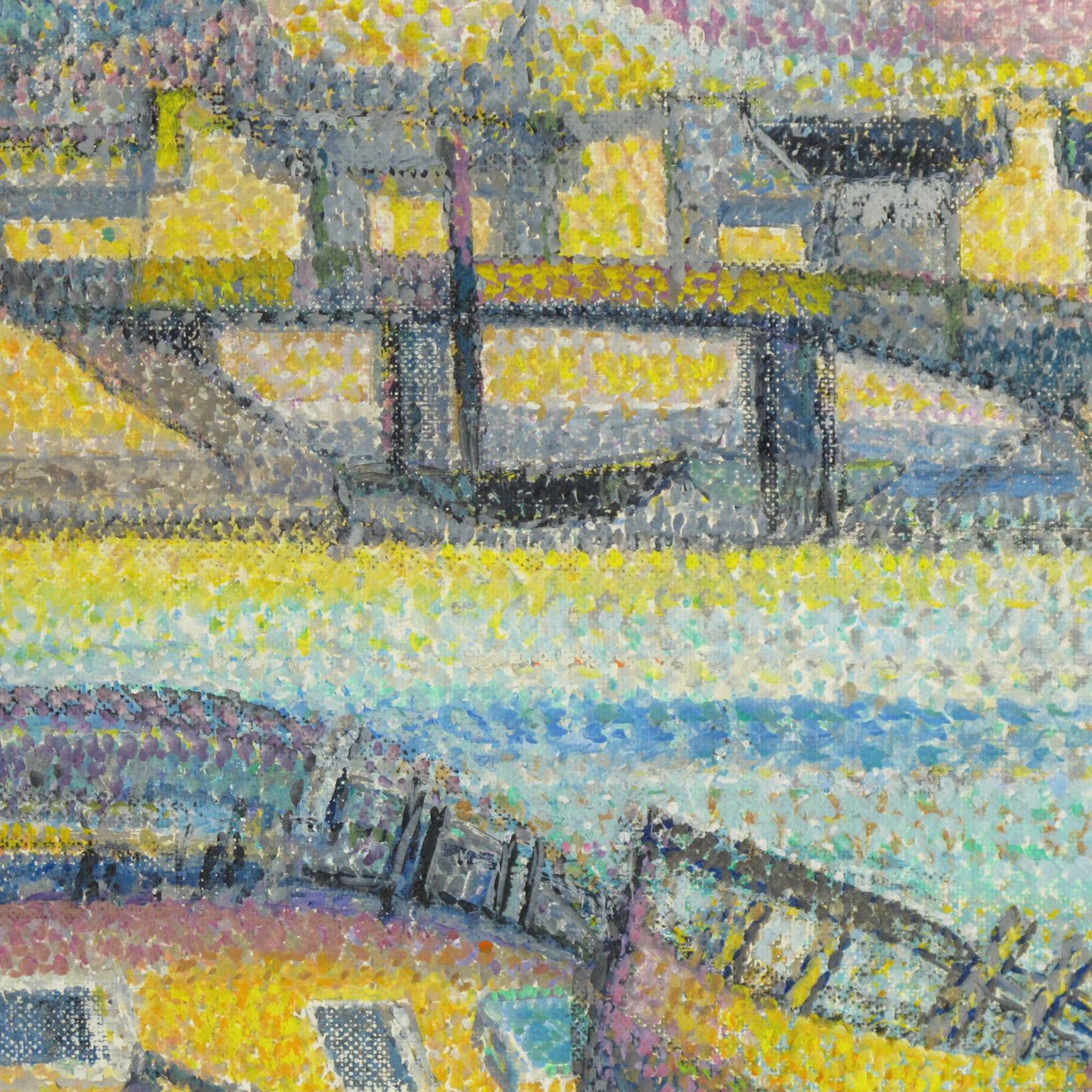 Pointillism Seaside Old Boats Cemetery Oil on Canvas Painting by Georges Zelter 5