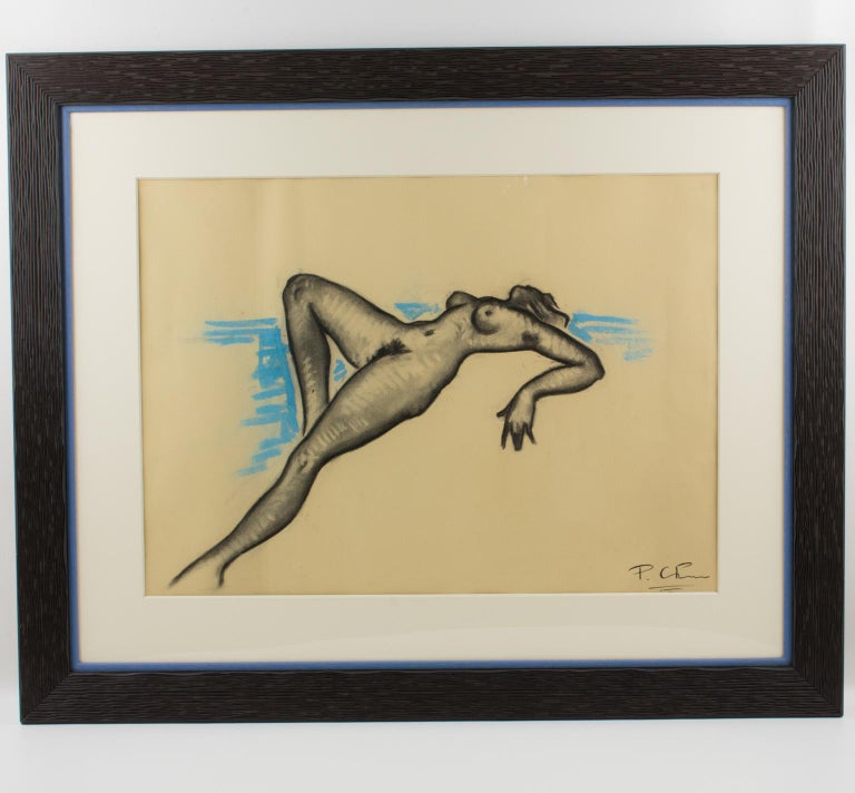 Female Nude Study Black and Blue Pencil Drawing by P. Chem For Sale 1