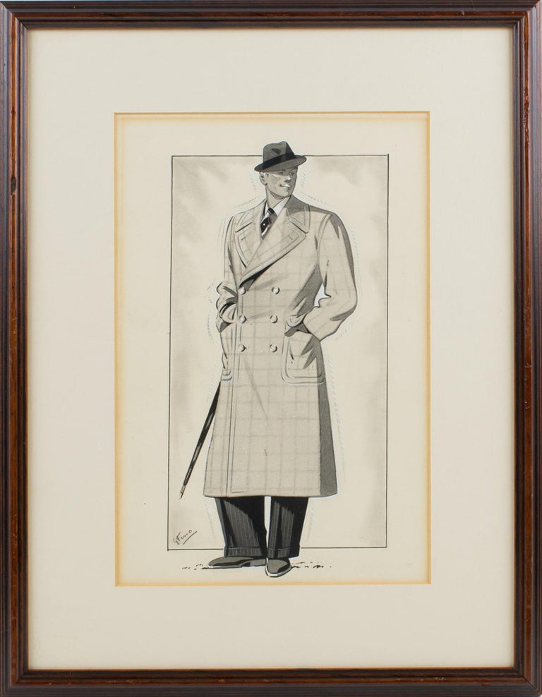 Original Art Deco fashion drawing, ink and wash on Vellum paper by French artist G. Ferro (20th Century). Featuring a stylish man model with a typical Art Deco overcoat. Signed G. Ferro on the bottom left corner. 
This image was probably later