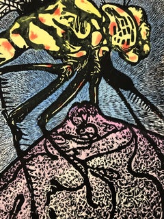 "The Sting" Woodcut watercolor Cuban Fine Art Original Limited Edition-VAL156