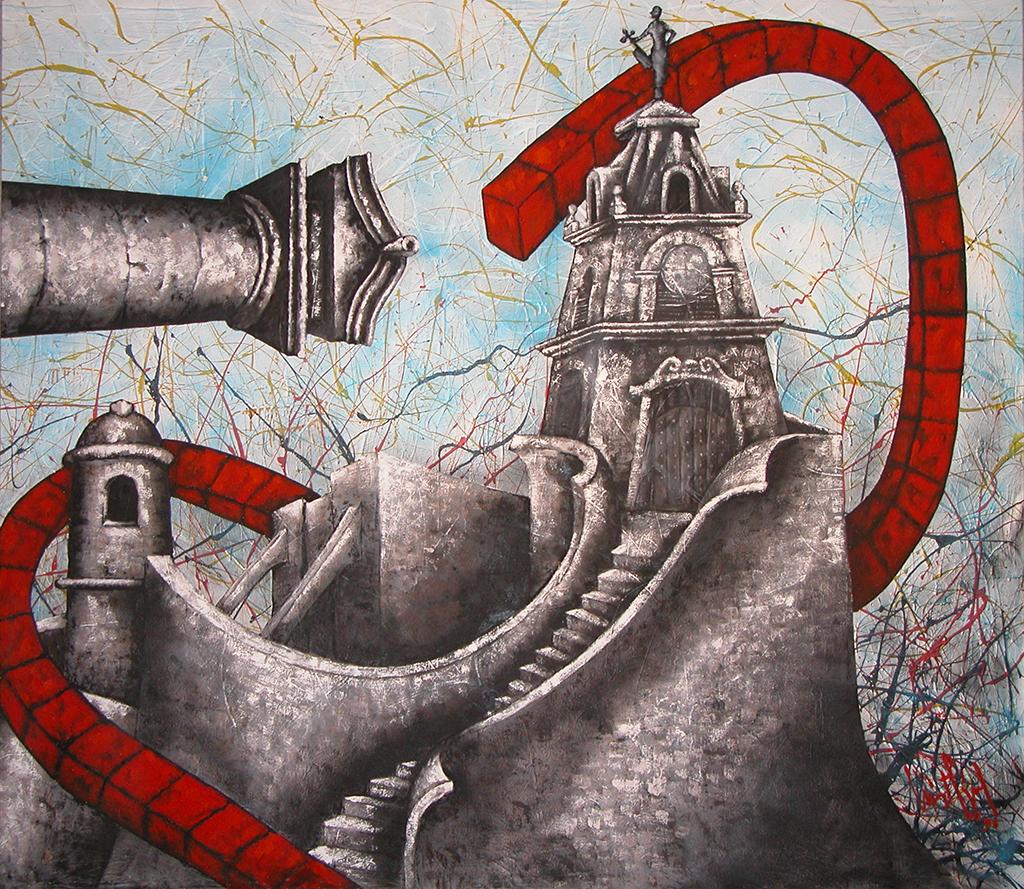 Luis Miguel Valdés Figurative Painting - Luis Miguel Valdes, "Strong Tower" large acrylic on canvas Cuban art
