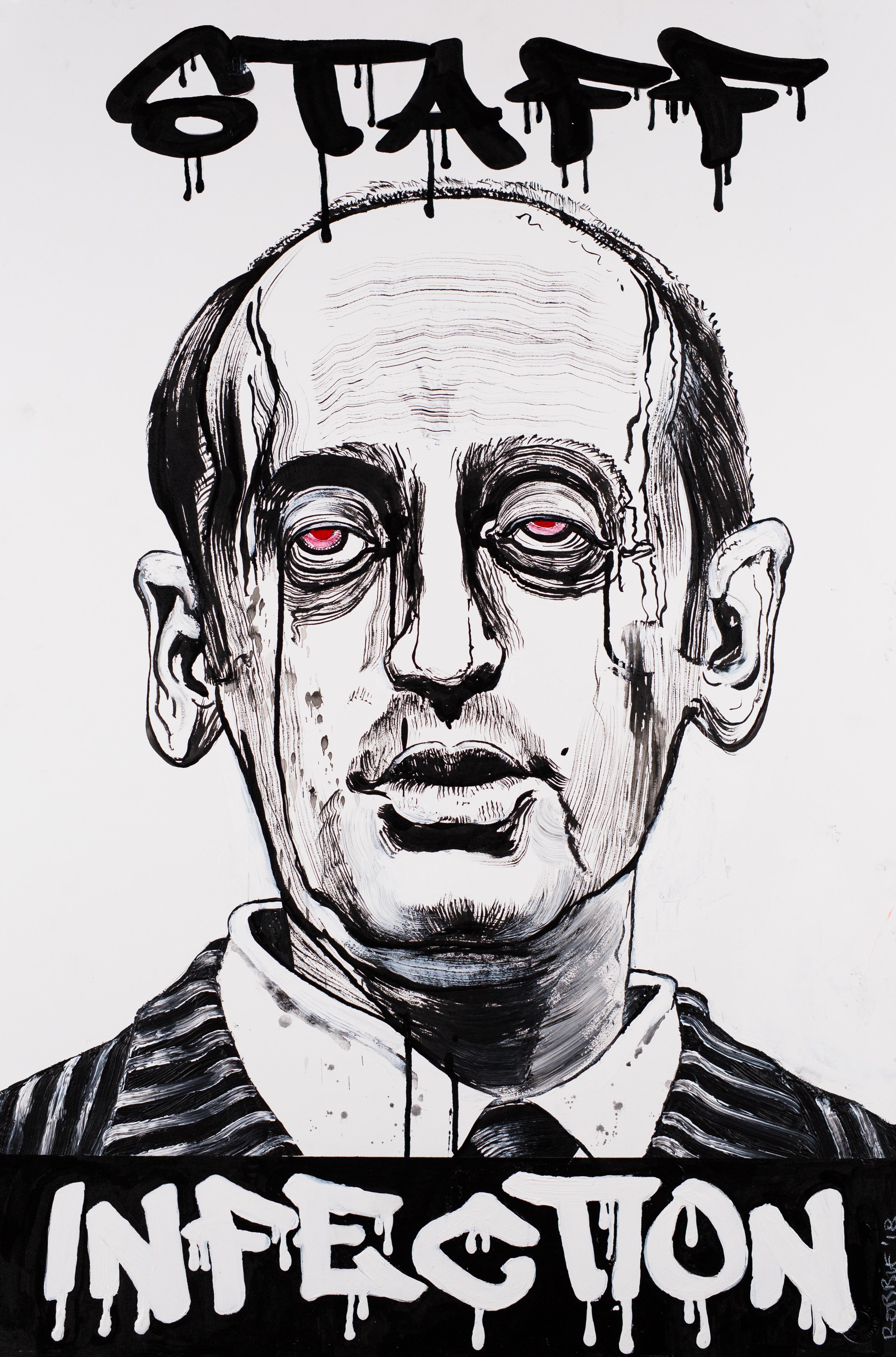 Robbie Conal Portrait Painting - Staff Infection (Stephen Miller)
