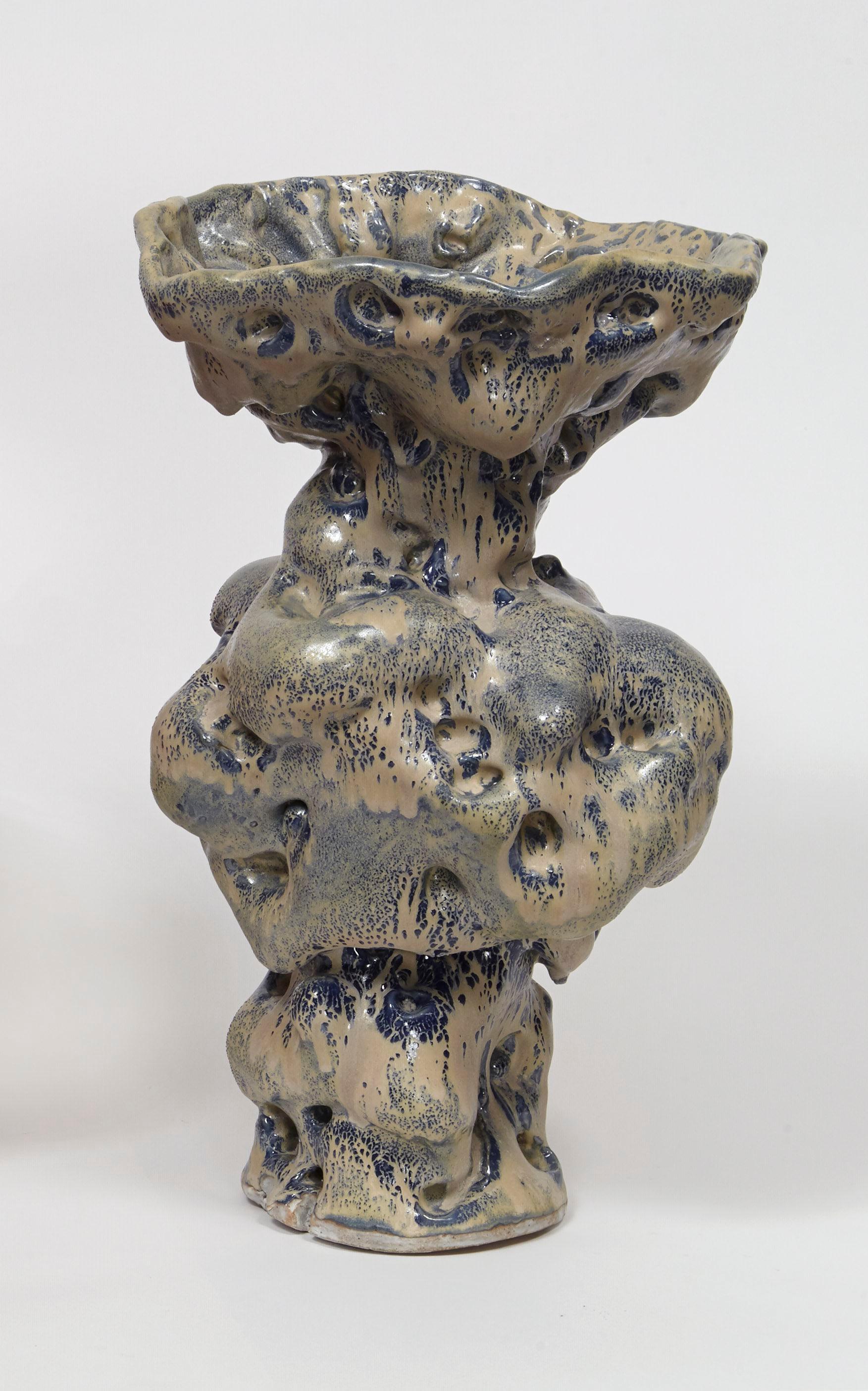 Donna Green, Byrd, Stoneware, Slip, and Glazes, 2015; blue and grey swirl vessel