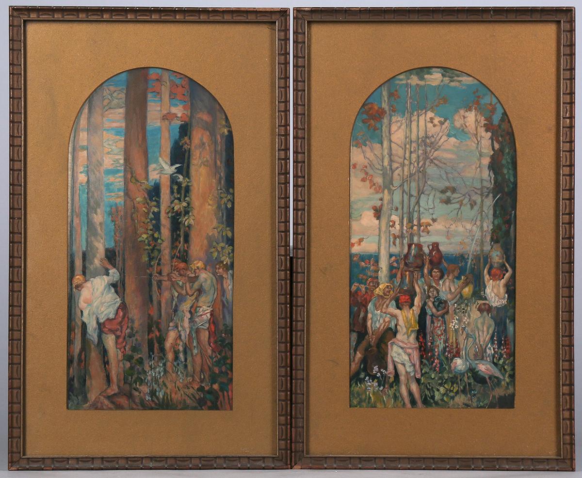 Mary Amanda Lewis Landscape Painting - Allegorical Hunters & Gatherers Diptych