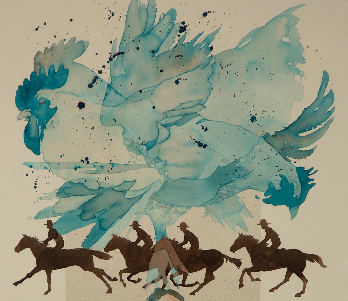 Diese Aquarellillustration zeigt ein abstraktes Triptychon von Bart Forbes. Der untere Teil des Bildes zeigt einen rennenden Mann. In der Mitte sind vier Männer auf Pferden zu sehen, die über das Bild rennen. Das letzte Bild oben zeigt eine Collage