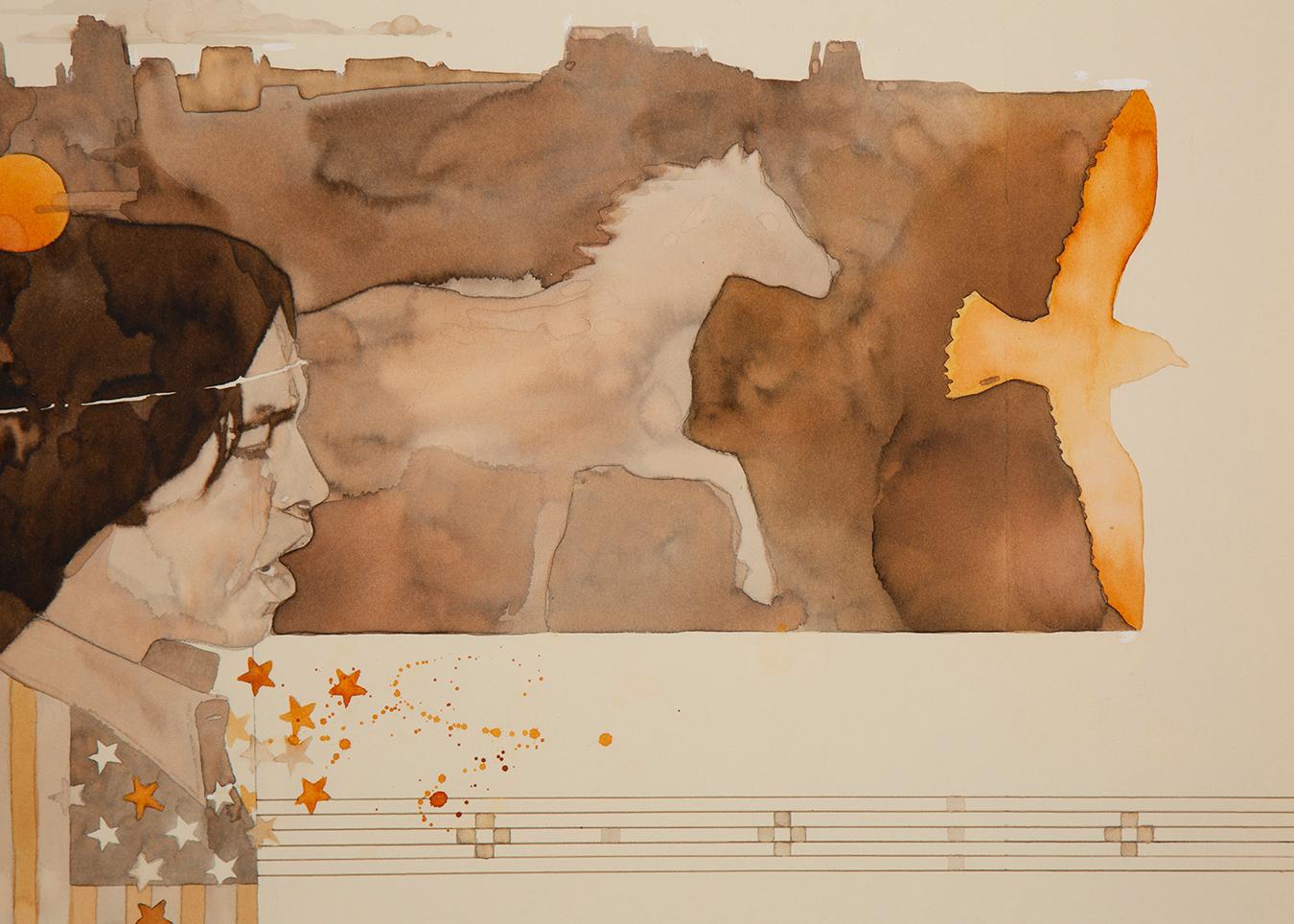 Cette illustration originale à l'aquarelle de Bart Forbes est un collage surréaliste et onirique de figures amérindiennes, du drapeau américain, d'un étalon sauvage et d'un oiseau qui s'envole, tous réunis sur un arrière-plan indéfini, couleur