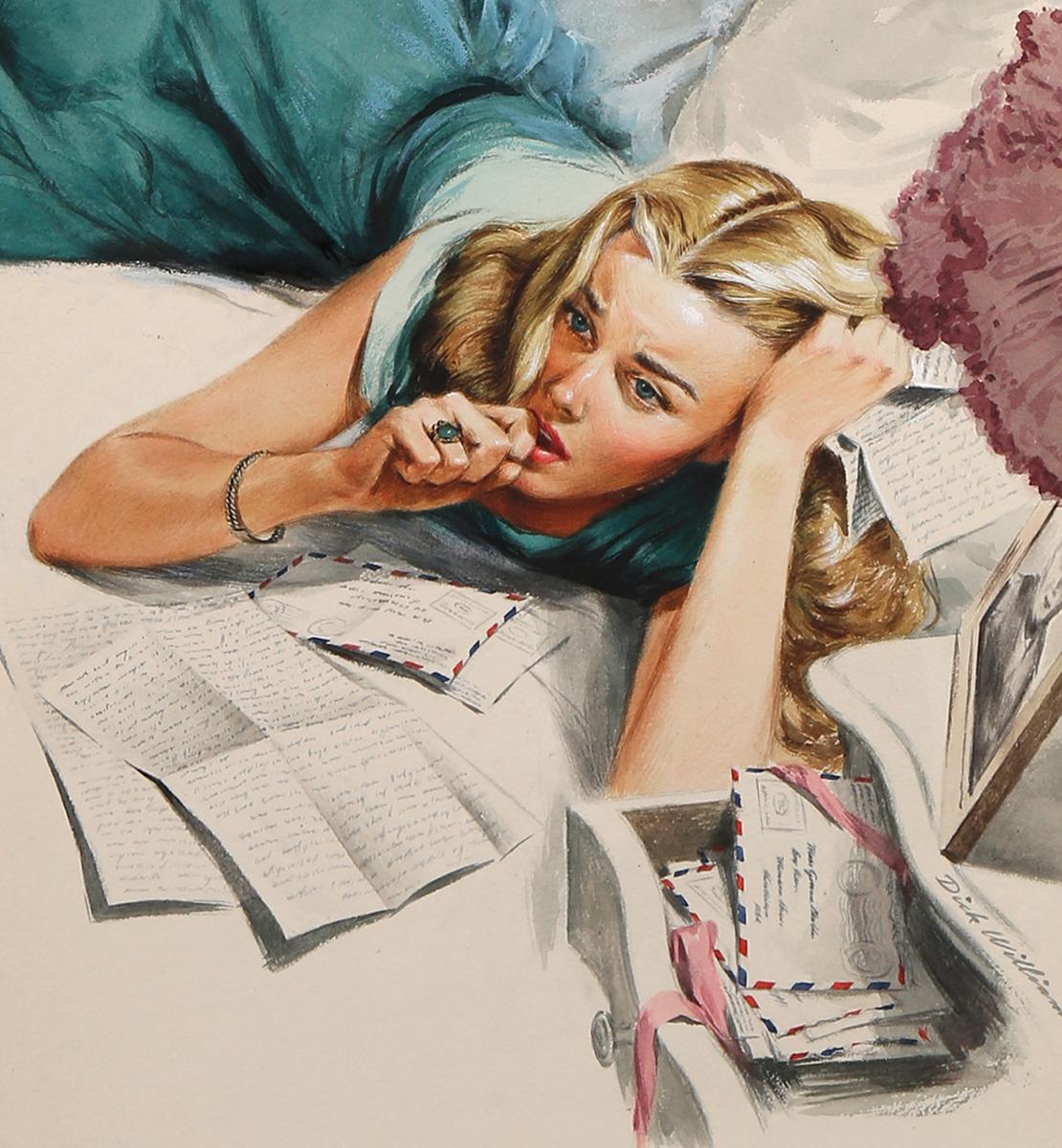 Up for sale is a beautifully rendered and emotionally wrought World War II-era gouache painting by artist and illustrator Dick Williams.

In this published work of art, a young, blonde haired, blue-eyed, girl-next-door lies on her bed surrounded by