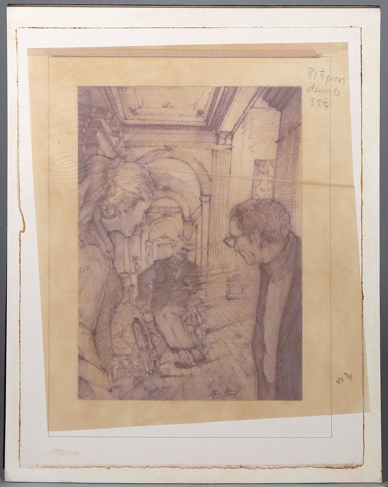This mixed media watercolor, pen & ink on artist's paper illustration by Steven Stroud is sketchily done to show a man in a wheelchair careening down a hallway as a man and woman look on. It has been signed by the artist in the bottom of the