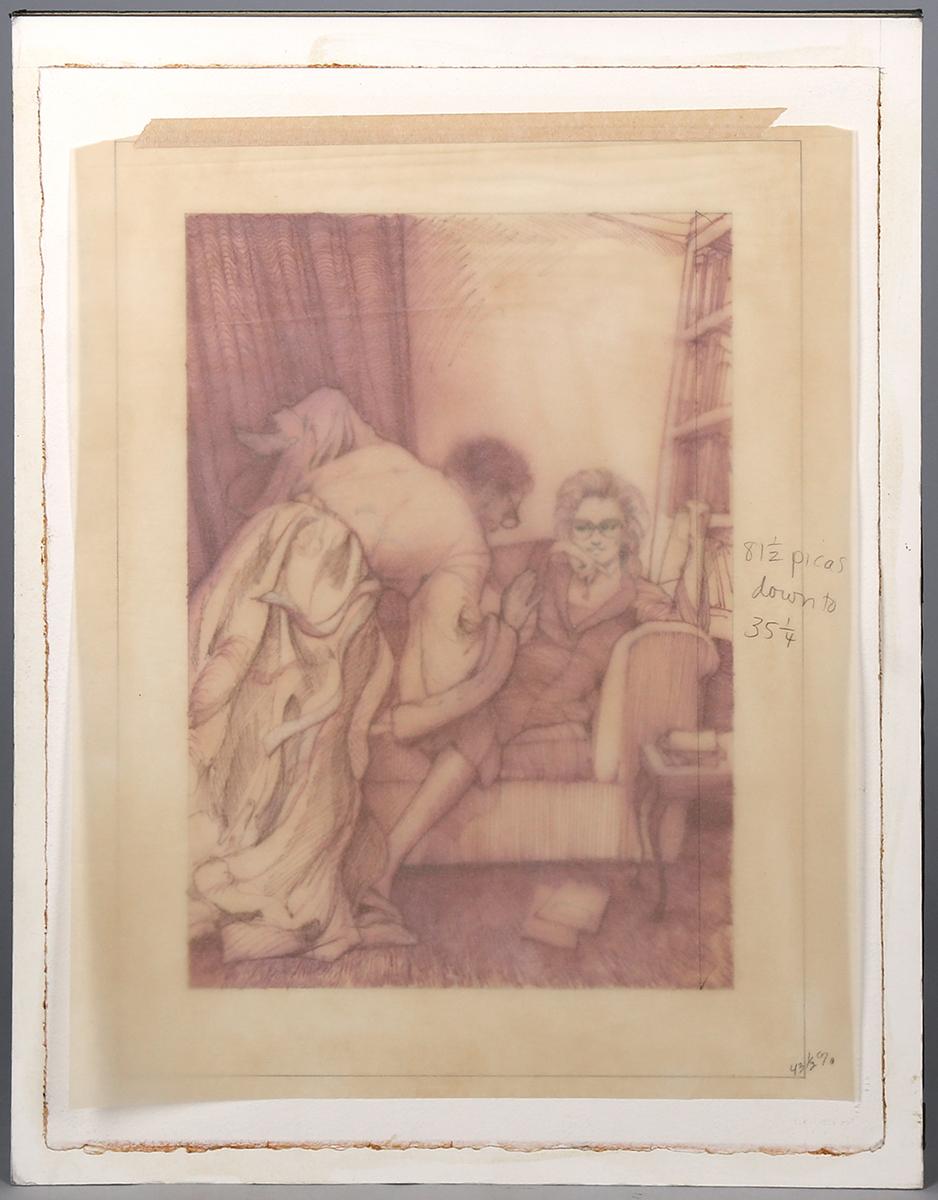 This mixed media watercolor, pen & ink on artist's paper shows a woman relaxing on a couch with a book in hand. Her reading has been interrupted by an individual who leans over close into her body, gesticulating wildly with his hands.

This