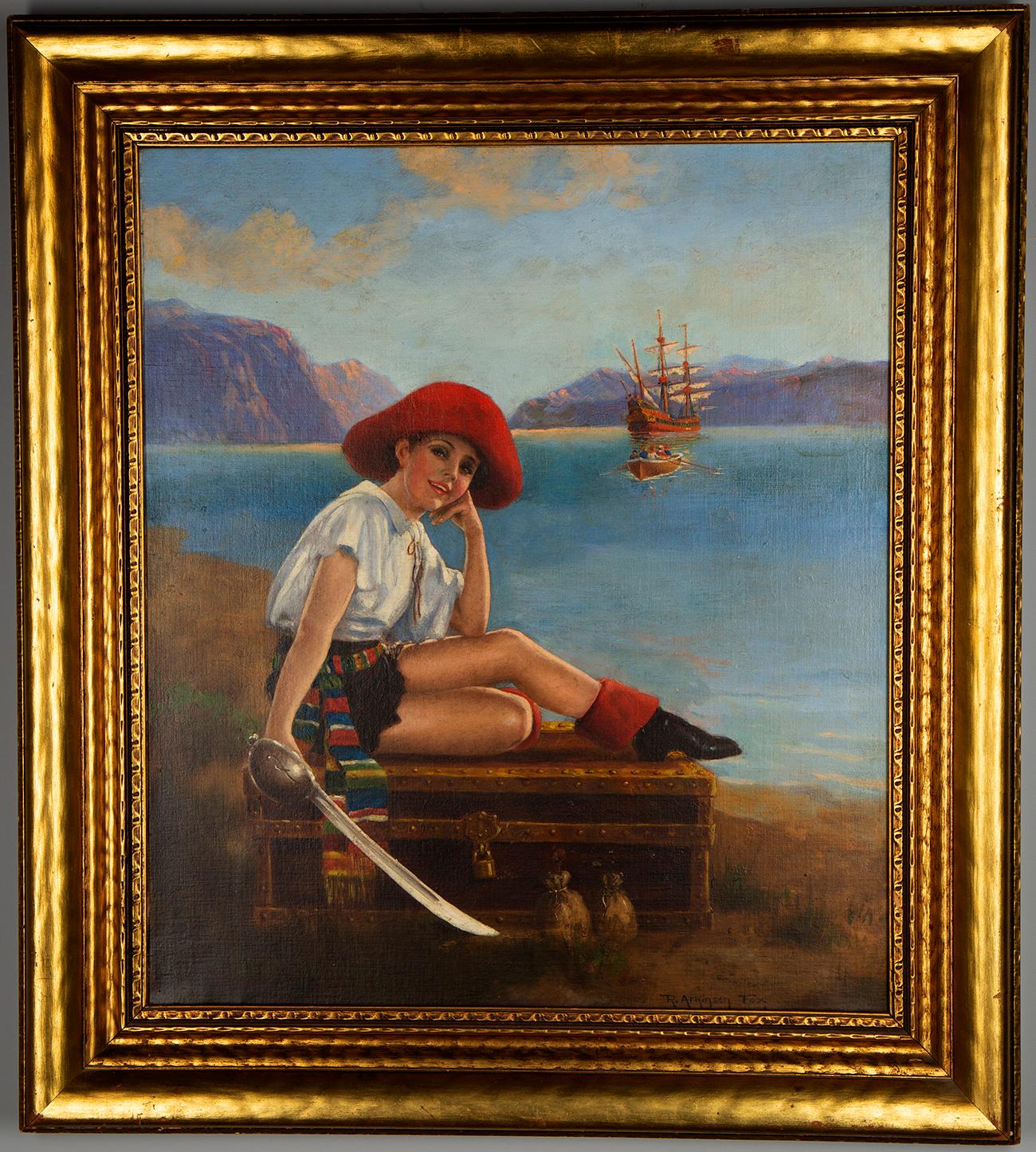 Robert Atkinson Fox Portrait Painting - Pirate Pin-Up Girl with Treasure Chest