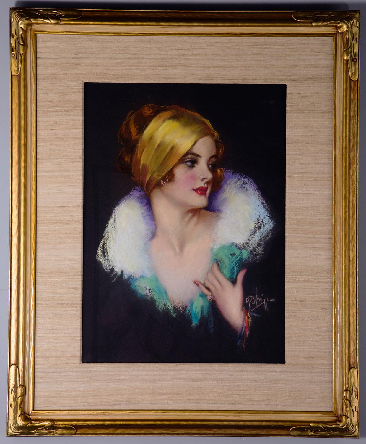 Red Headed Flapper In Gold Scarf - Painting by A.D. Neville