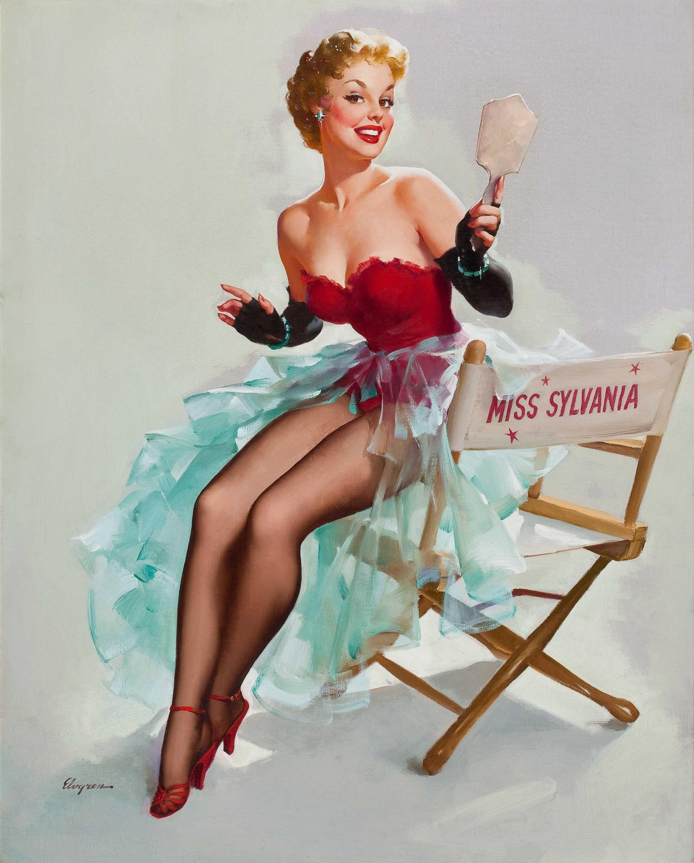 Sketch préliminaire de Miss Sylvania 1955 - Beige Portrait par Gil Elvgren