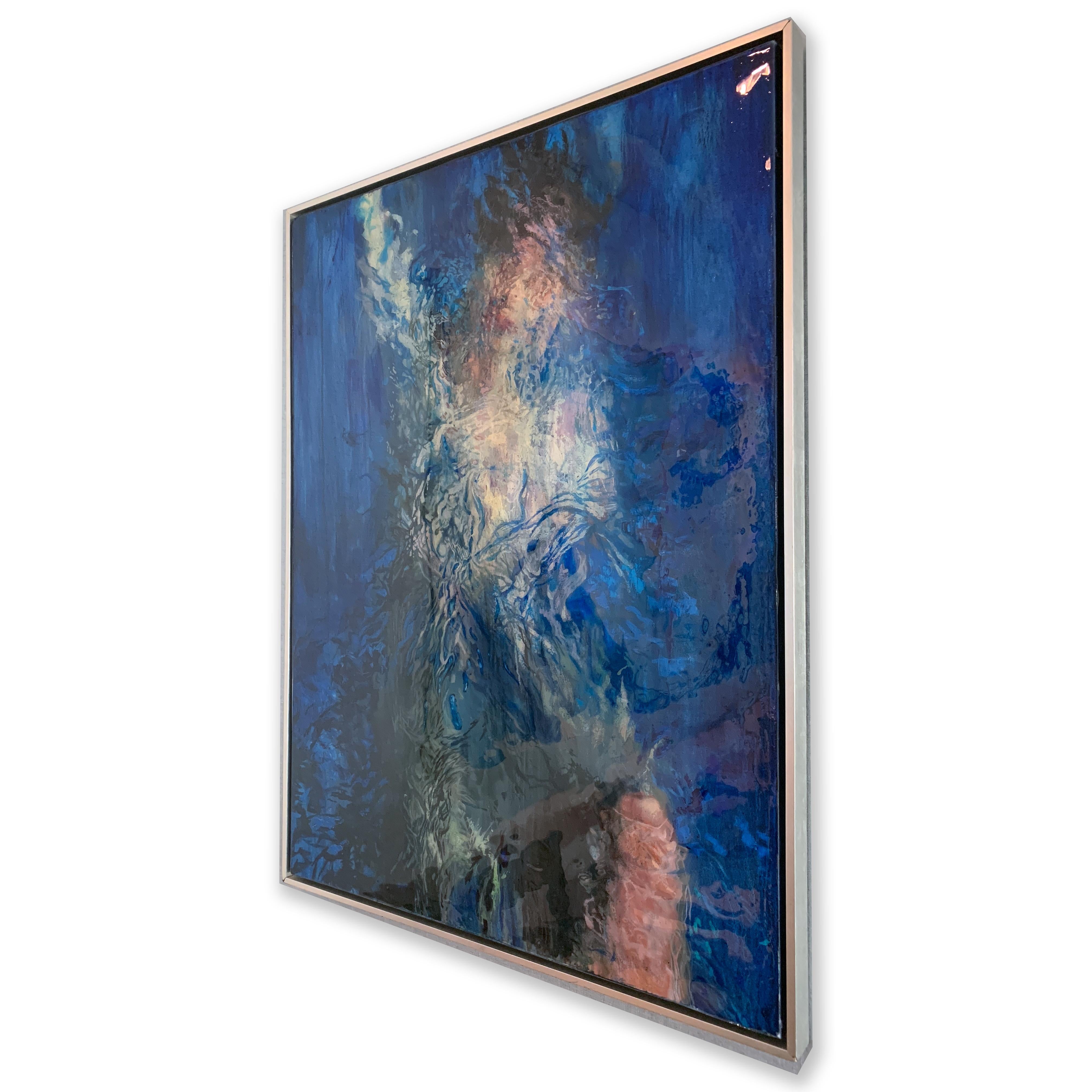 An original oil on canvas painting by American artist Hannah Vandermolen, framed in a silver floating frame and covered in a glossy resin. The stunning, deep blues surrounding the central figure allow the figure to emerge from the depths into the