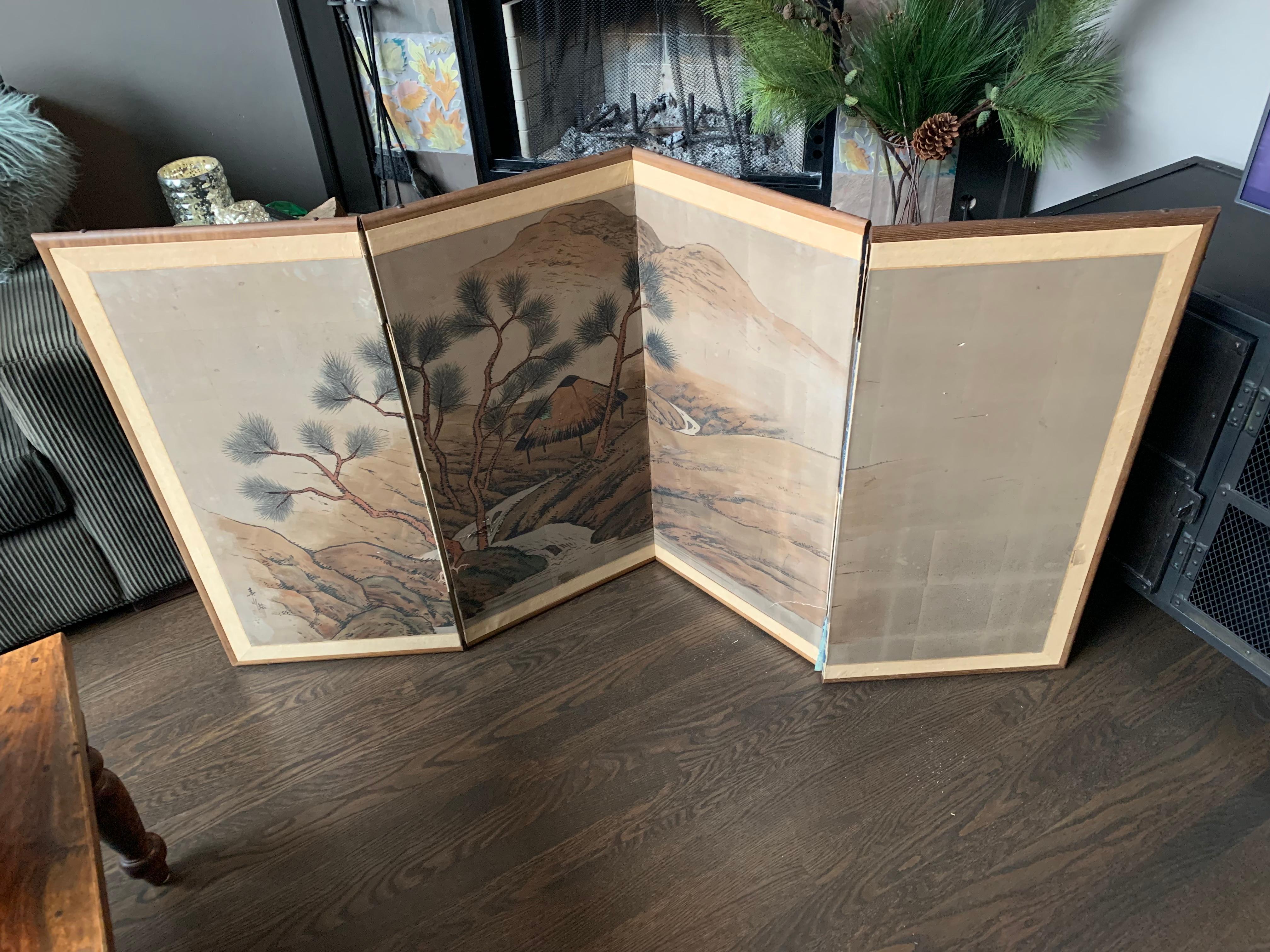 Antique Hand Painted Asian 3 Panel Screen  For Sale 3