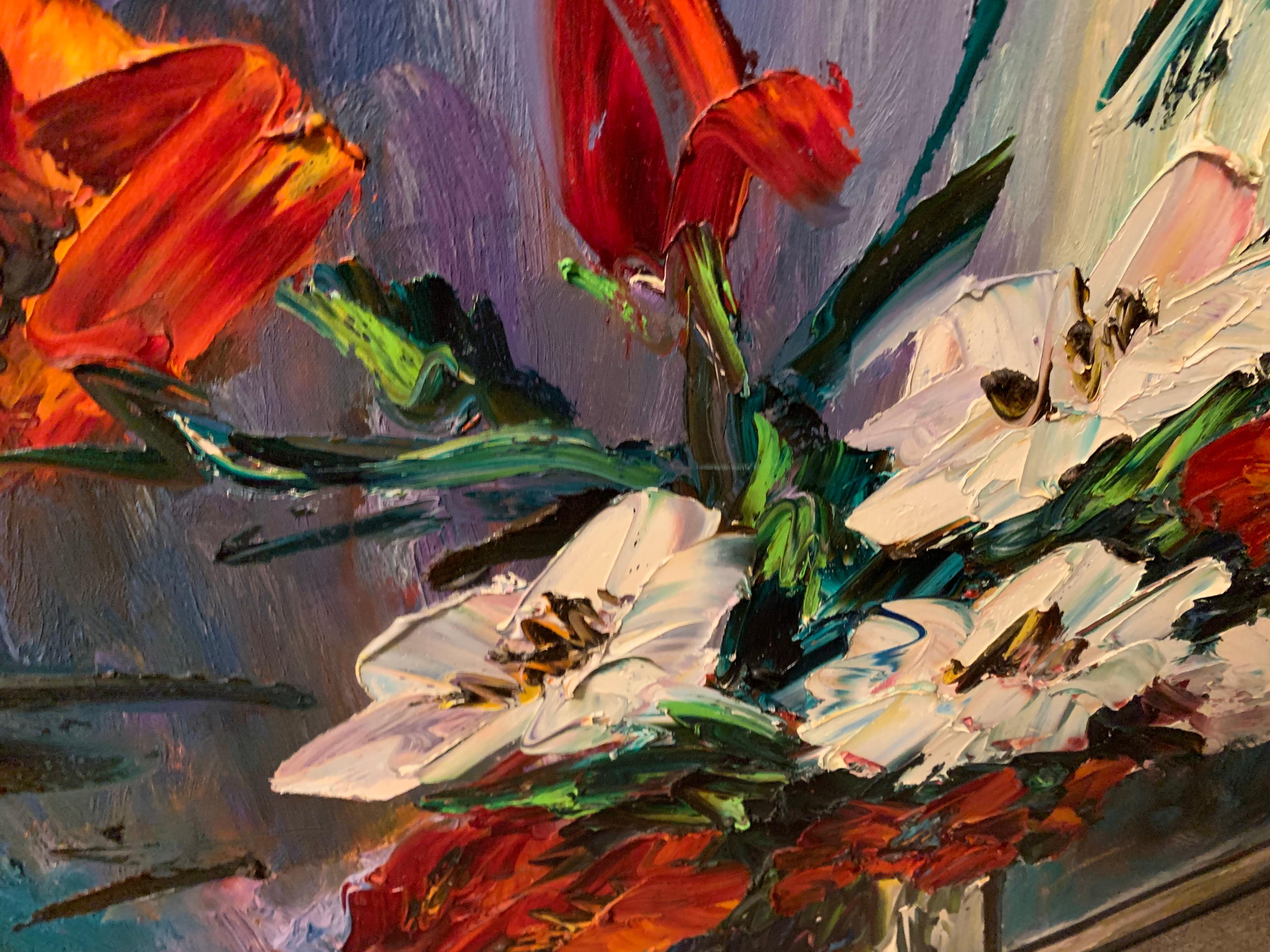 Large Expressionist Oil Painting, Mid-Century Still Life Flowers, Irene Smoller  For Sale 2