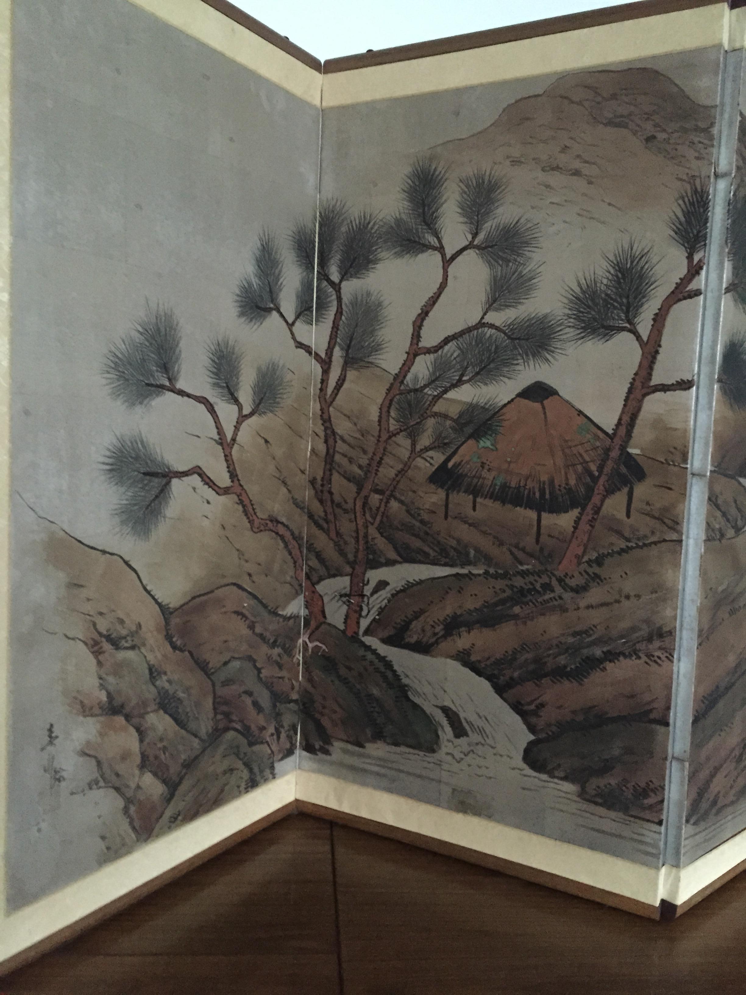 Antique Hand Painted Asian 3 Panel Screen  For Sale 6