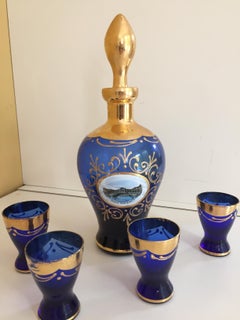 Mid-Century Murano Handpainted Glass Carafe and Glasses