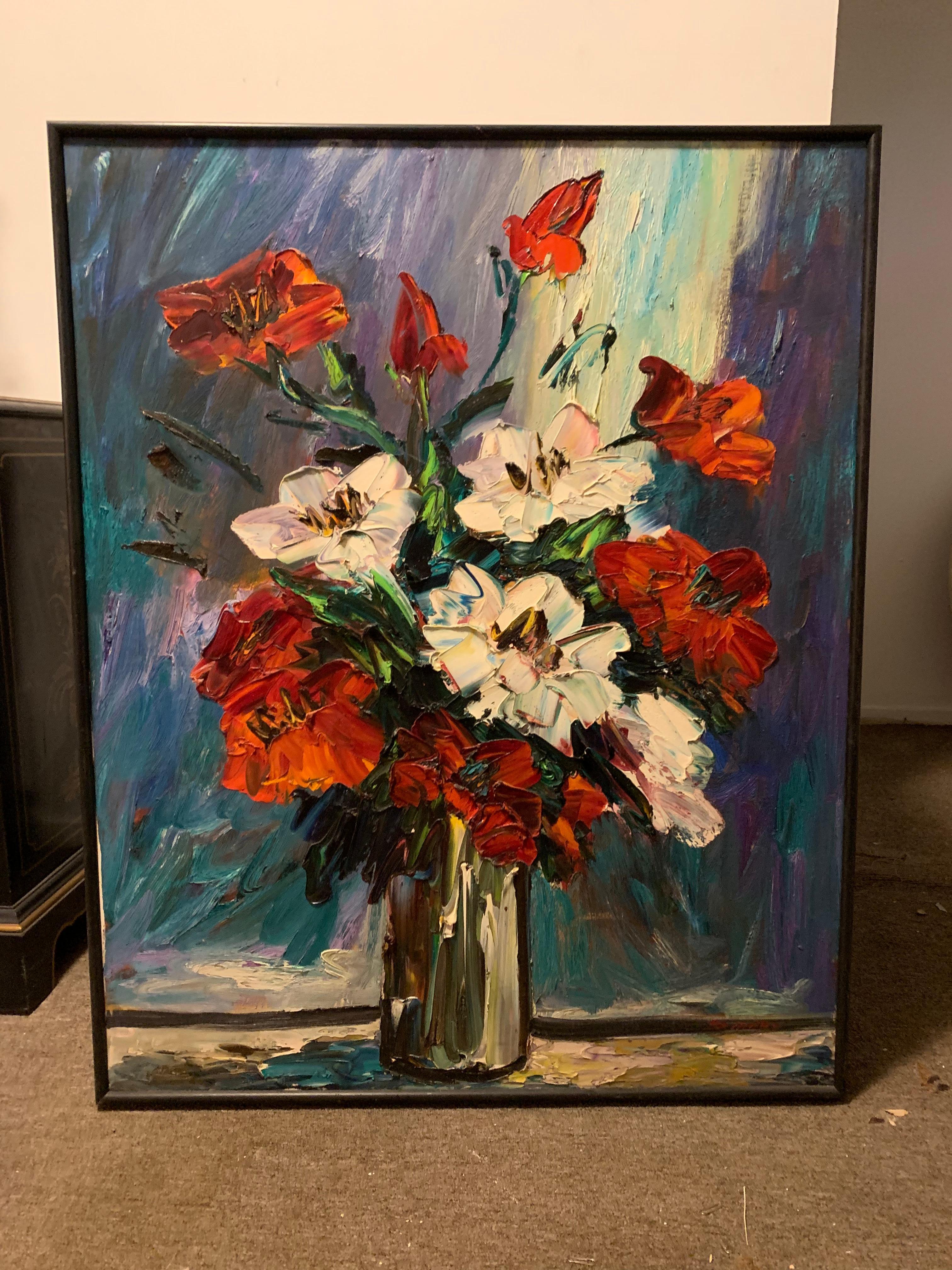 
Listed American Artist, Irene Smoller*, Signed this Spectacular Still Life, Red  and White Flowers in a Vase, an Original Oil on Large Canvas. Smoller was a mid century Expressionistic artist who is well known for her Floral pieces as well as