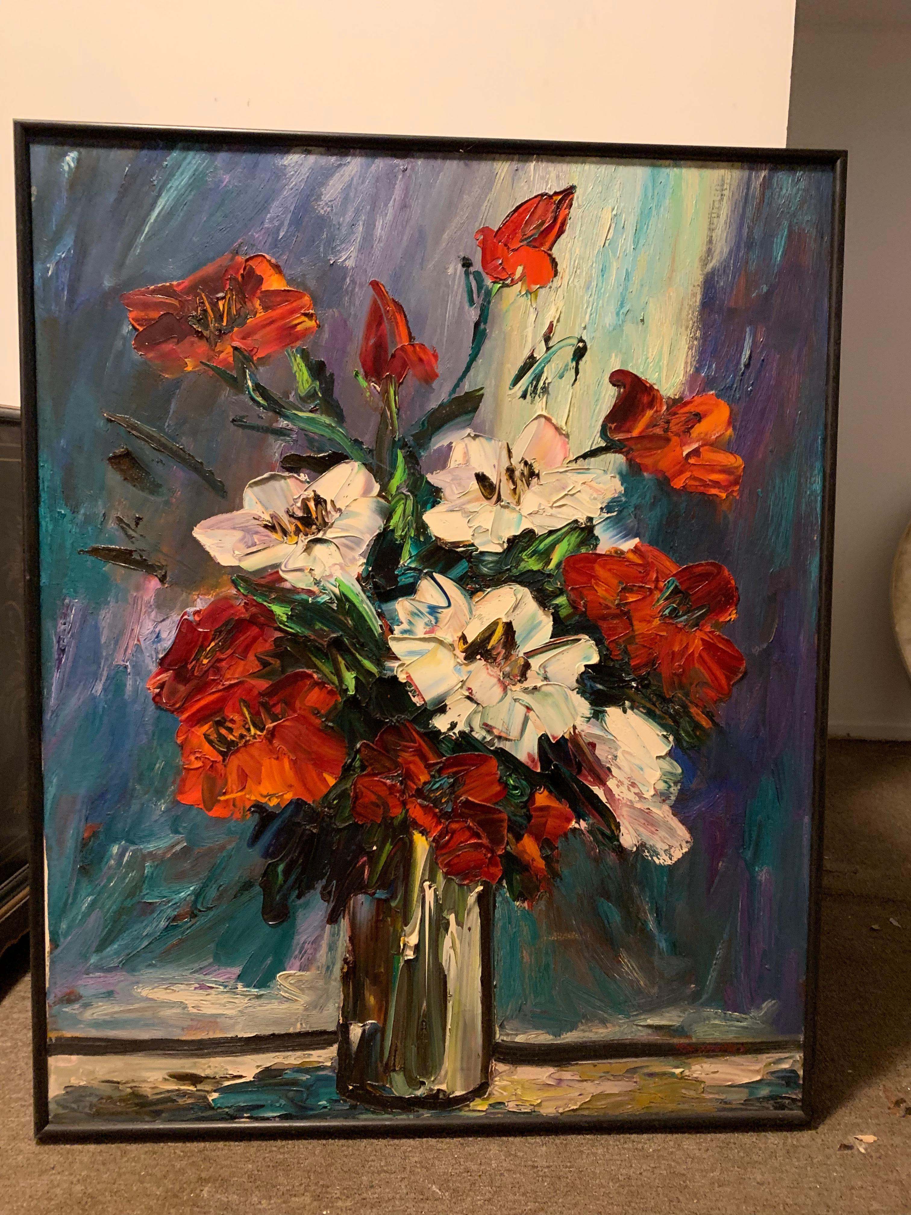 Large Expressionist Oil Painting, Mid-Century Still Life Flowers, Irene Smoller  For Sale 6