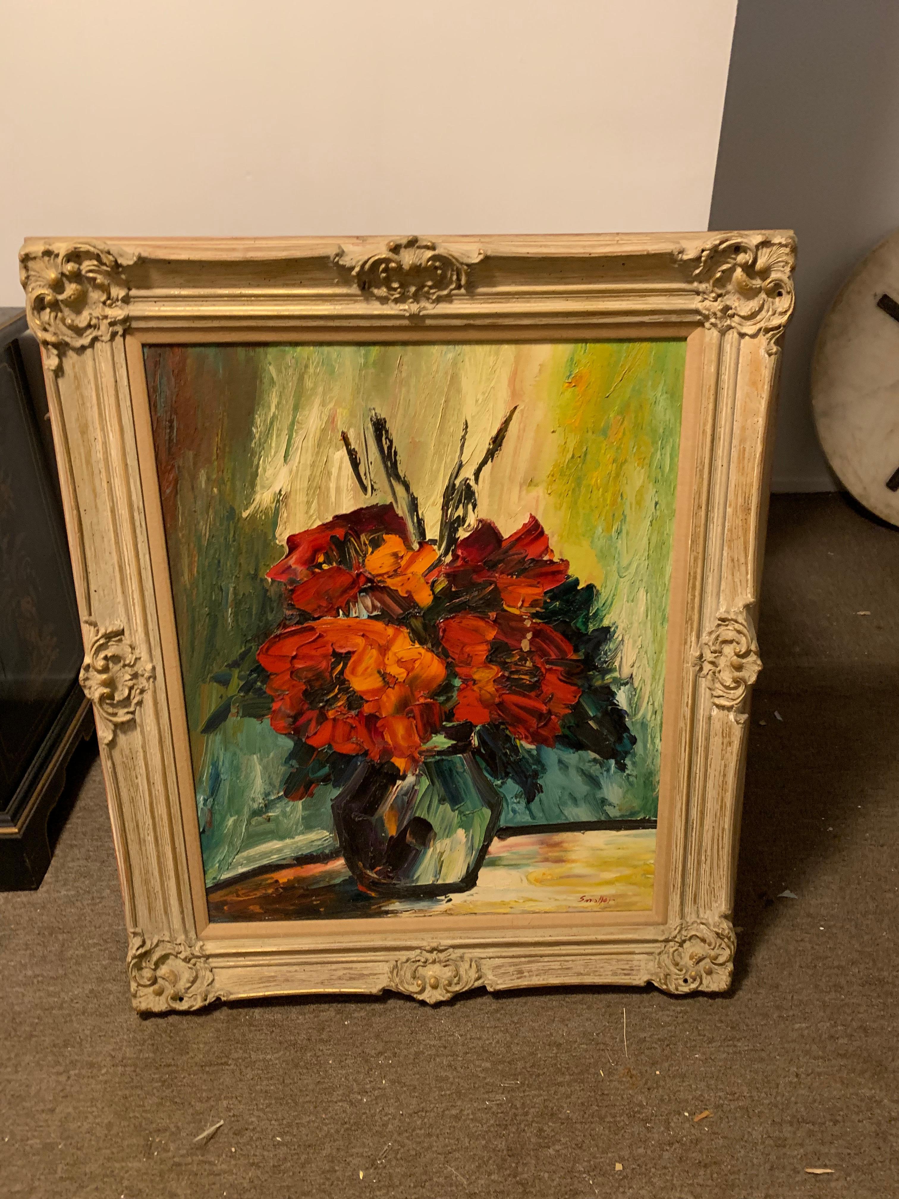 Listed American Artist, Irene Smoller*, Signed this Spectacular Still Life, Rich Red and Orange  Flowers in vase, an Original Oil on Large Canvas. Smoller was a mid century Expressionistic artist who is well known for her Floral pieces as well as