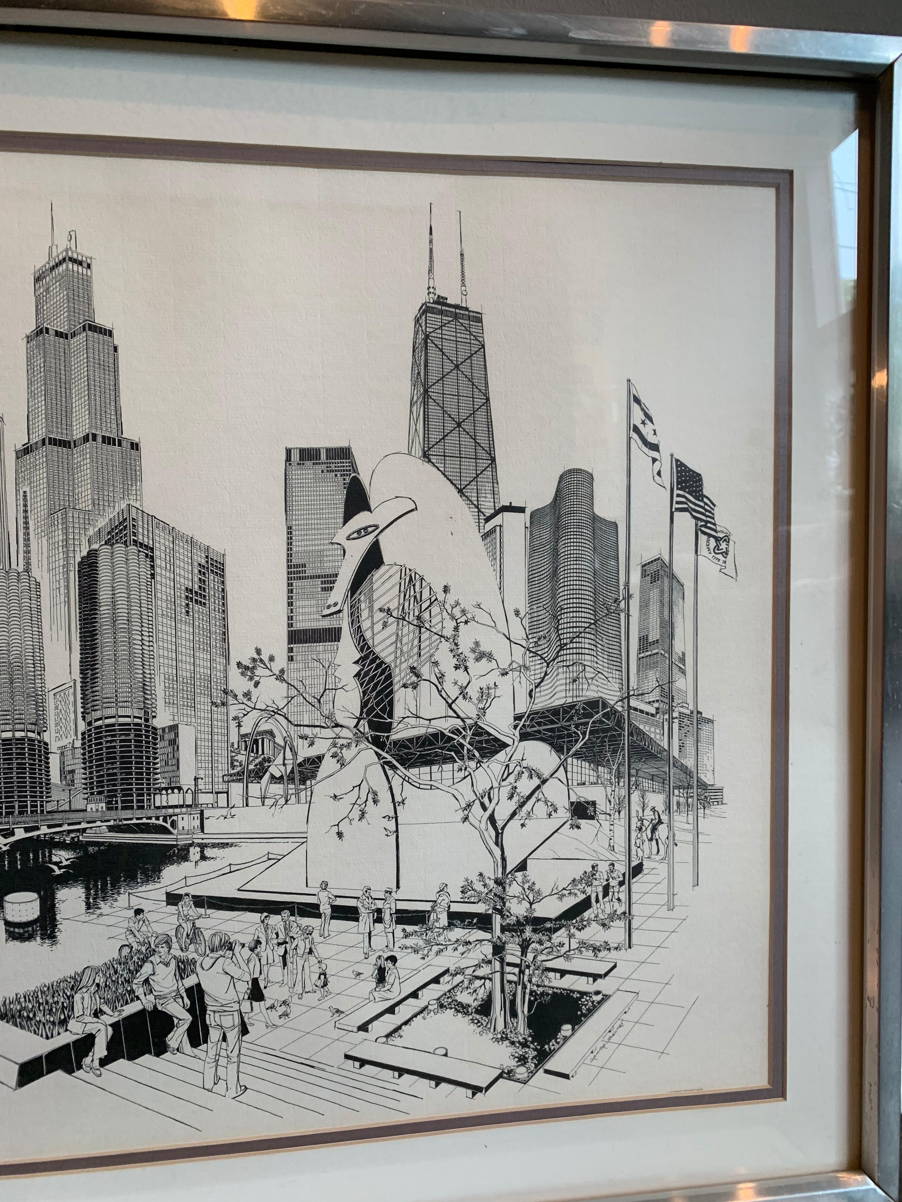 Chicago Ink Drawing, Signed and framed by  George Becker  For Sale 4
