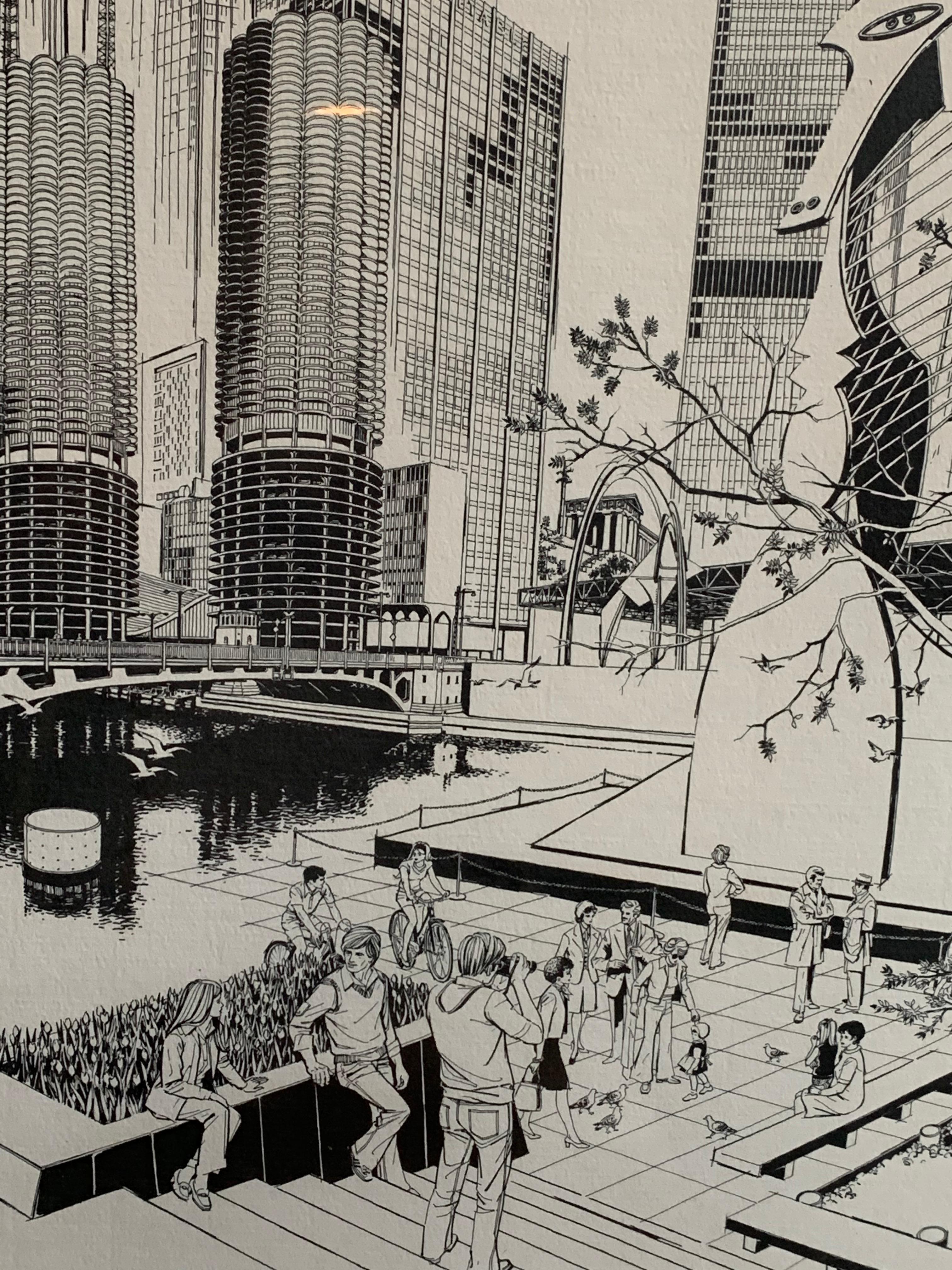 Chicago Ink Drawing, Signed and framed by  George Becker  For Sale 5
