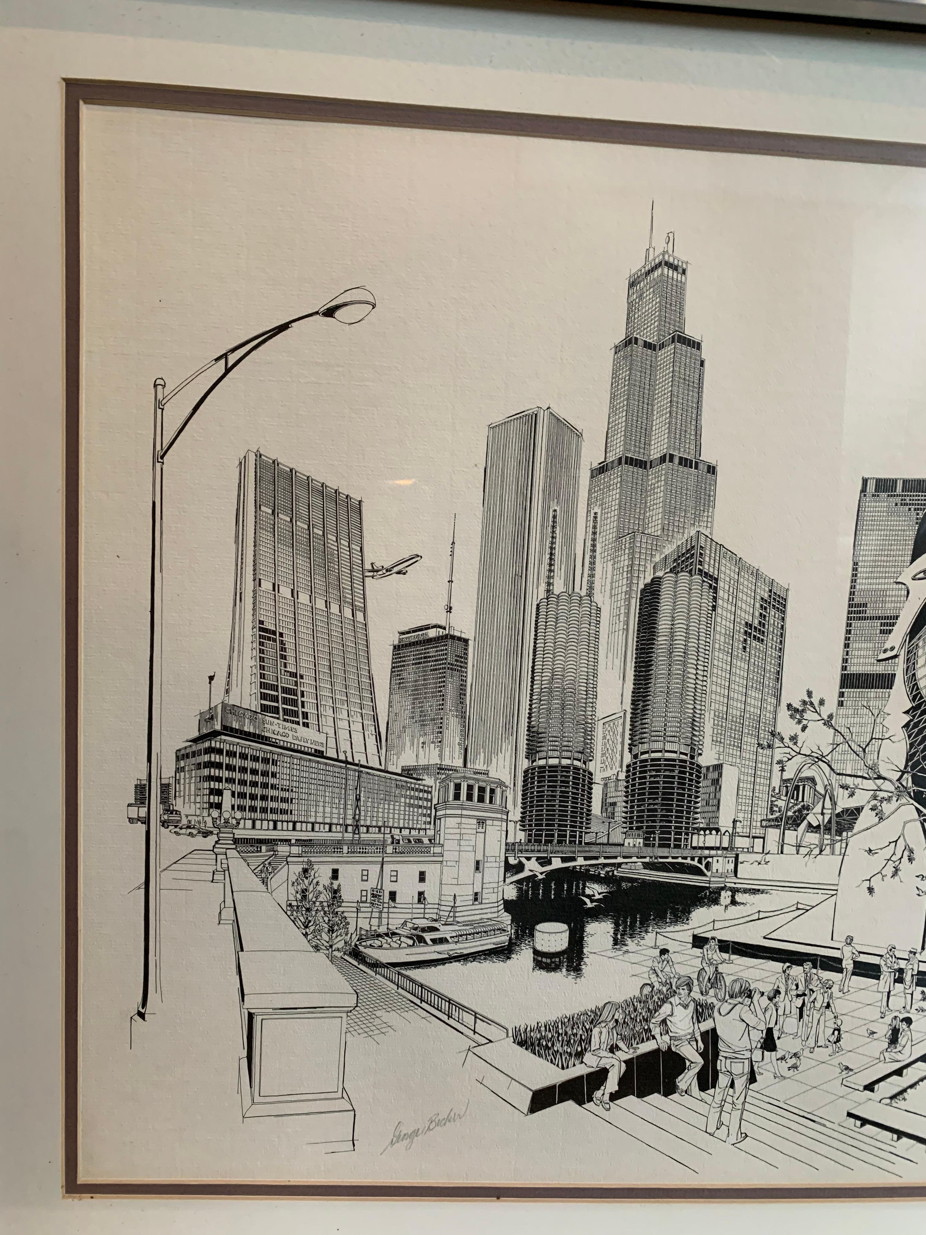 Chicago Ink Drawing, Signed and framed by  George Becker - Art by George Becker 