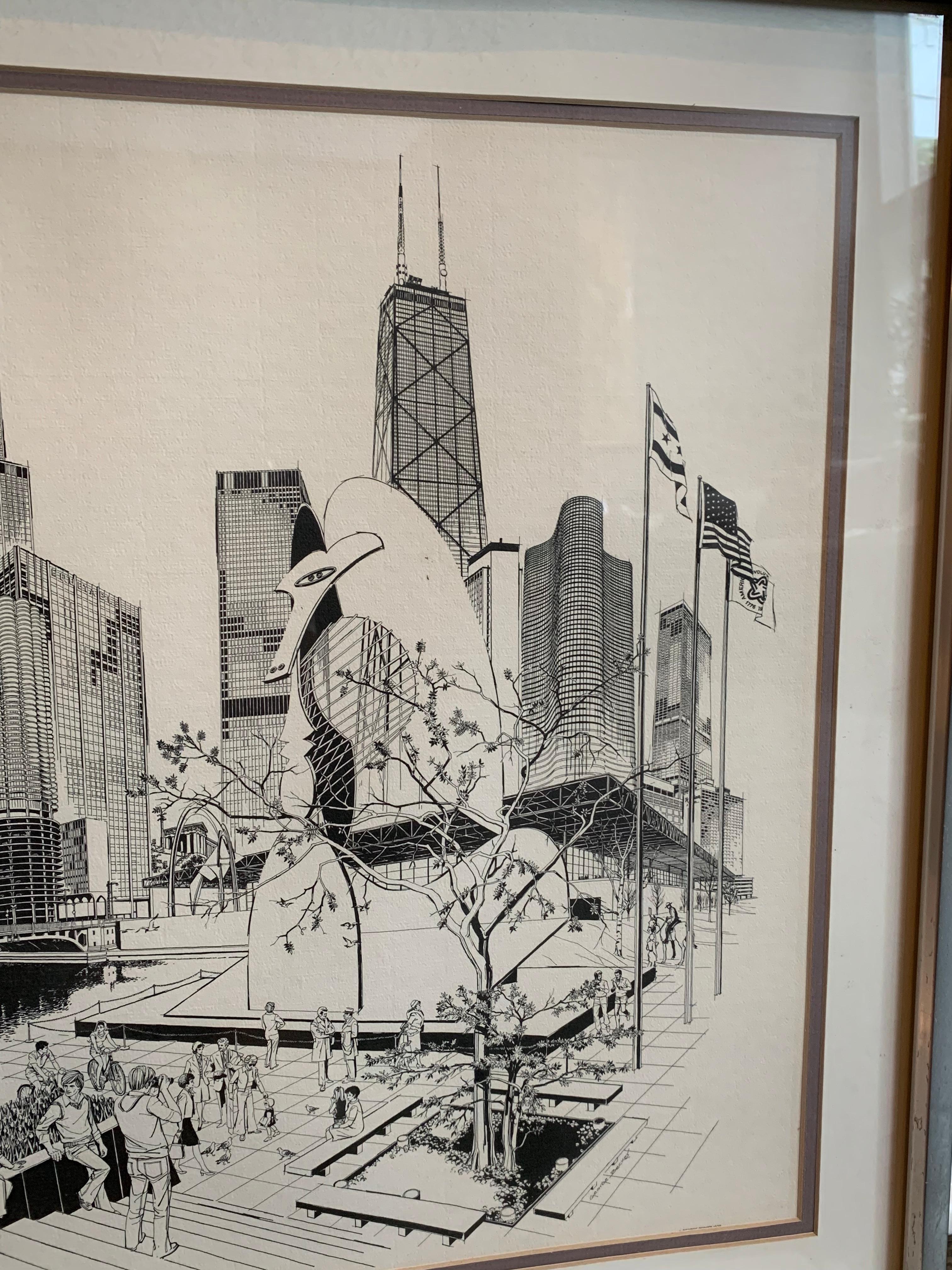 Ink drawing of Chicago Cityscape; with Marina Towers and Picasso Sculpture featured.
iconic 1970's work 
Rare vintage black & white print by George Becker called 