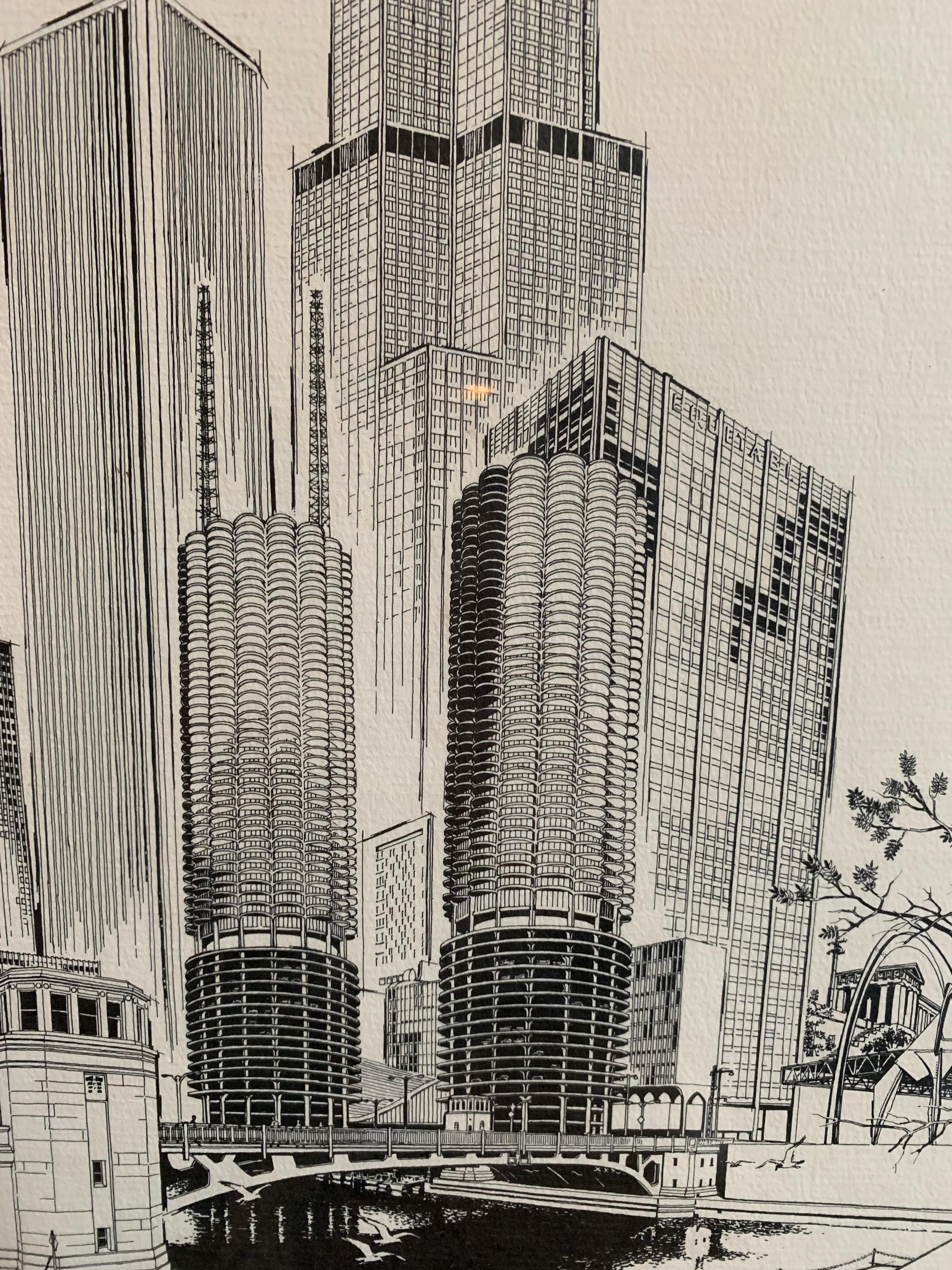 Chicago Ink Drawing, Signed and framed by  George Becker  For Sale 2