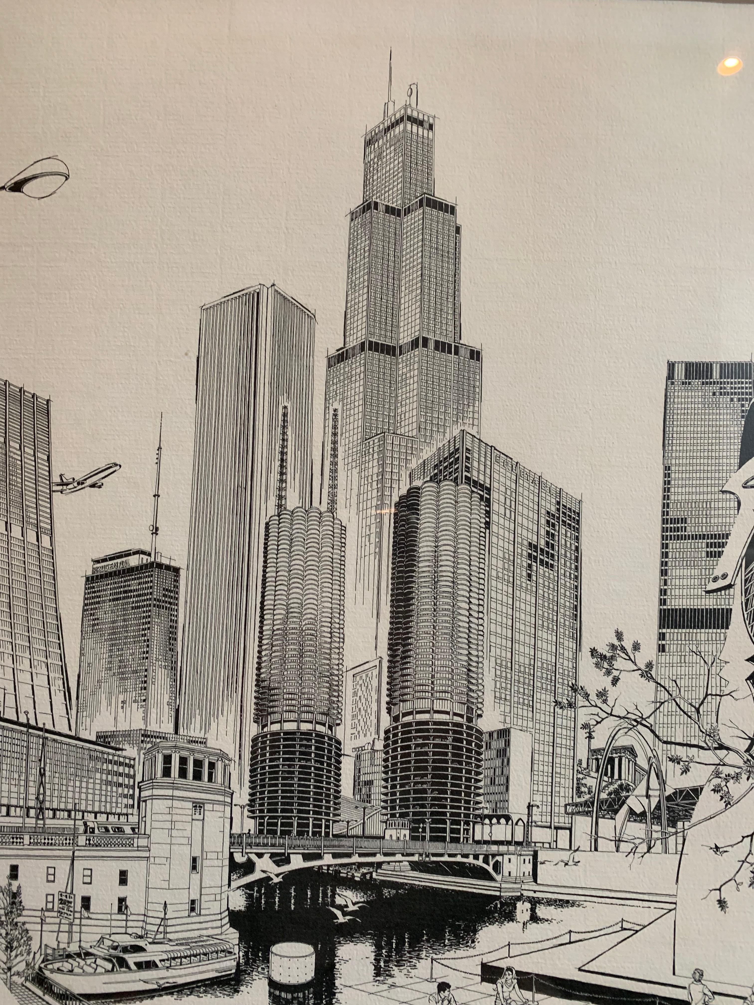 Chicago Ink Drawing, Signed and framed by  George Becker  For Sale 3