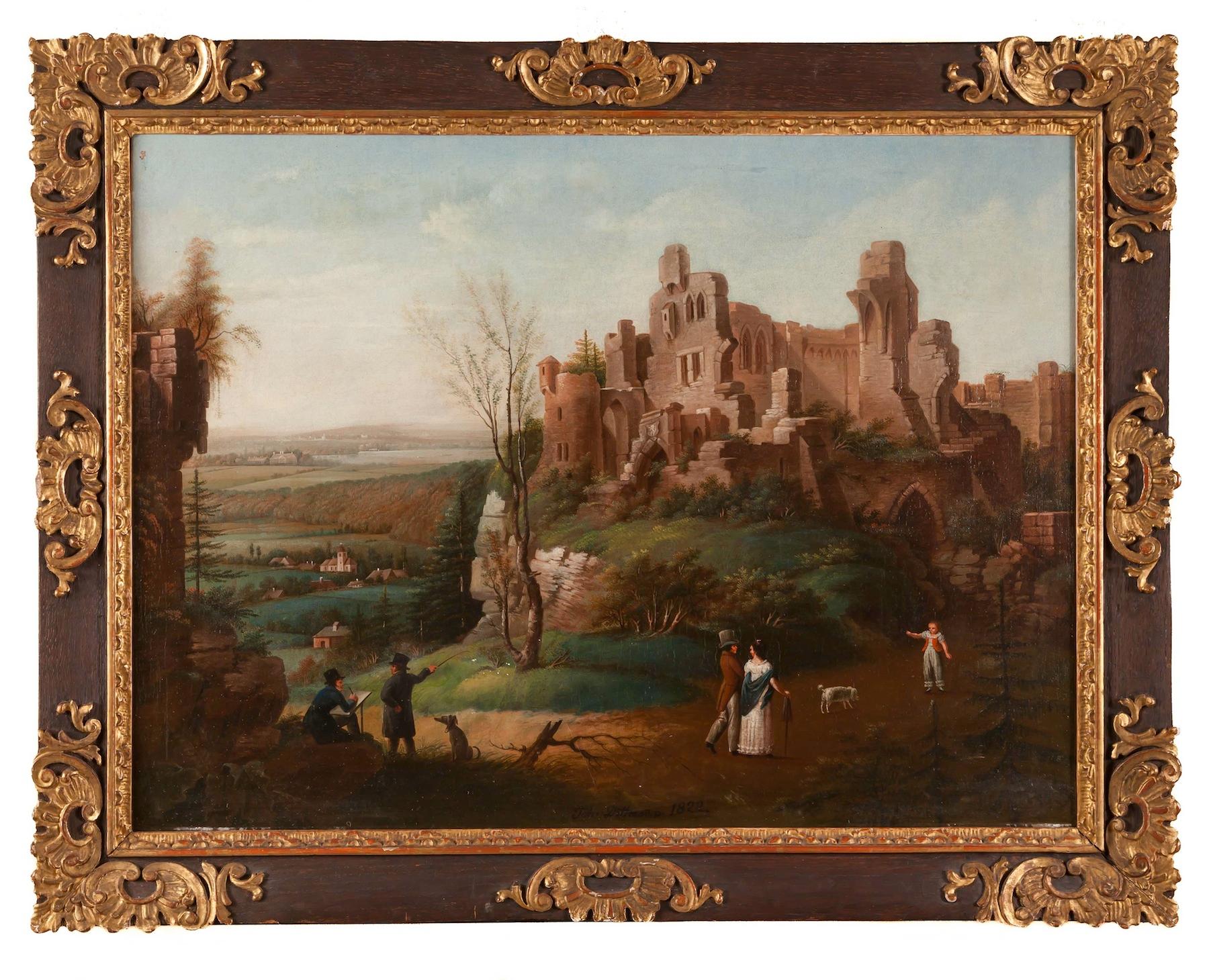 Johan Dittman Landscape Painting - Oil painting on board Castle in Landscape by Johann Dittman 1822