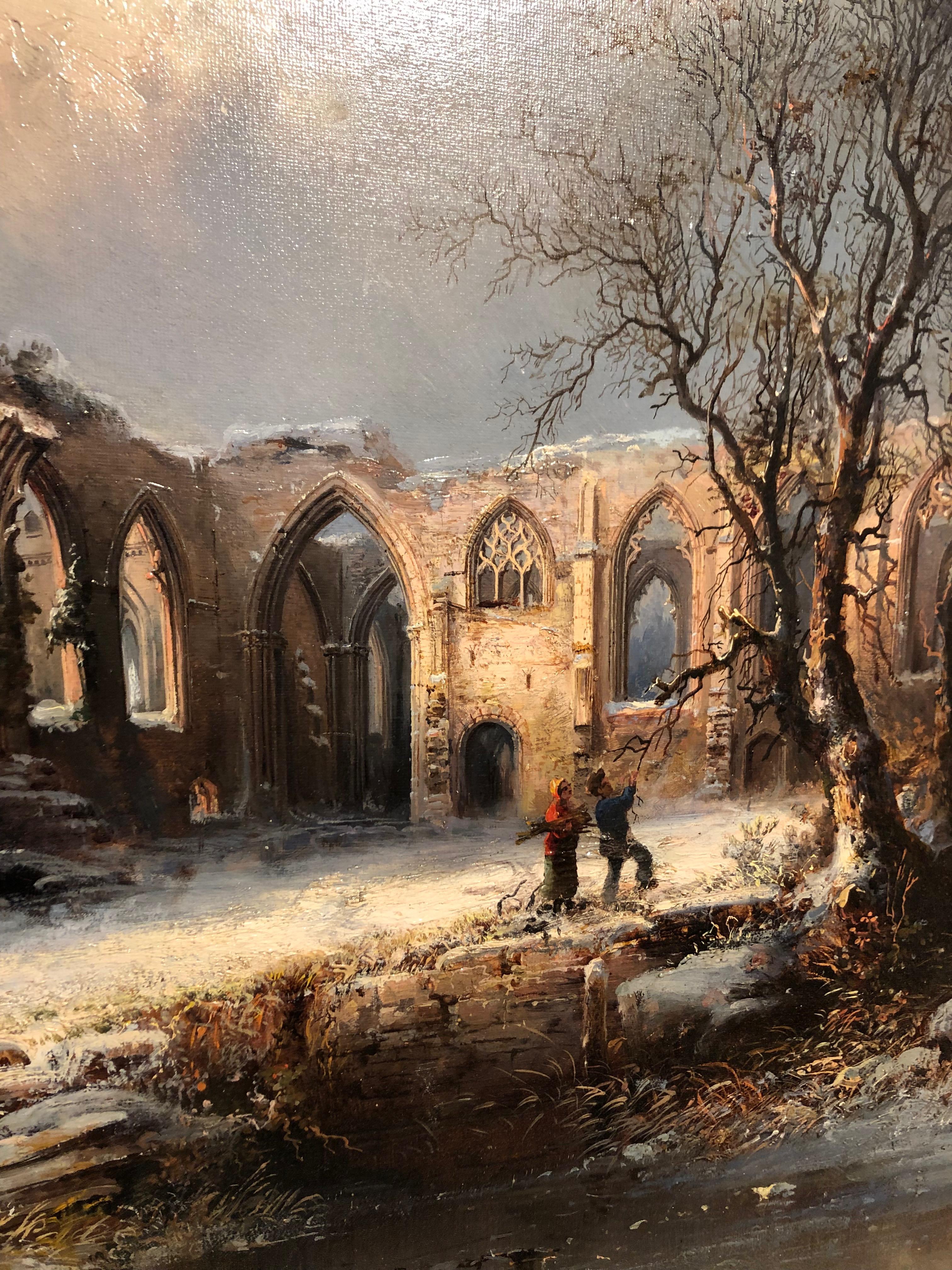 Franz Emile Krause (German 1836-1900) 'Bolton Abbey' winter landscape. Oil on canvas;  

Atmospheric landscape with figures gathering wood with ancient ruins behind. Signed and dated 1880 and inscribed 'Manchester'.  Franz Emil Krause (circa
