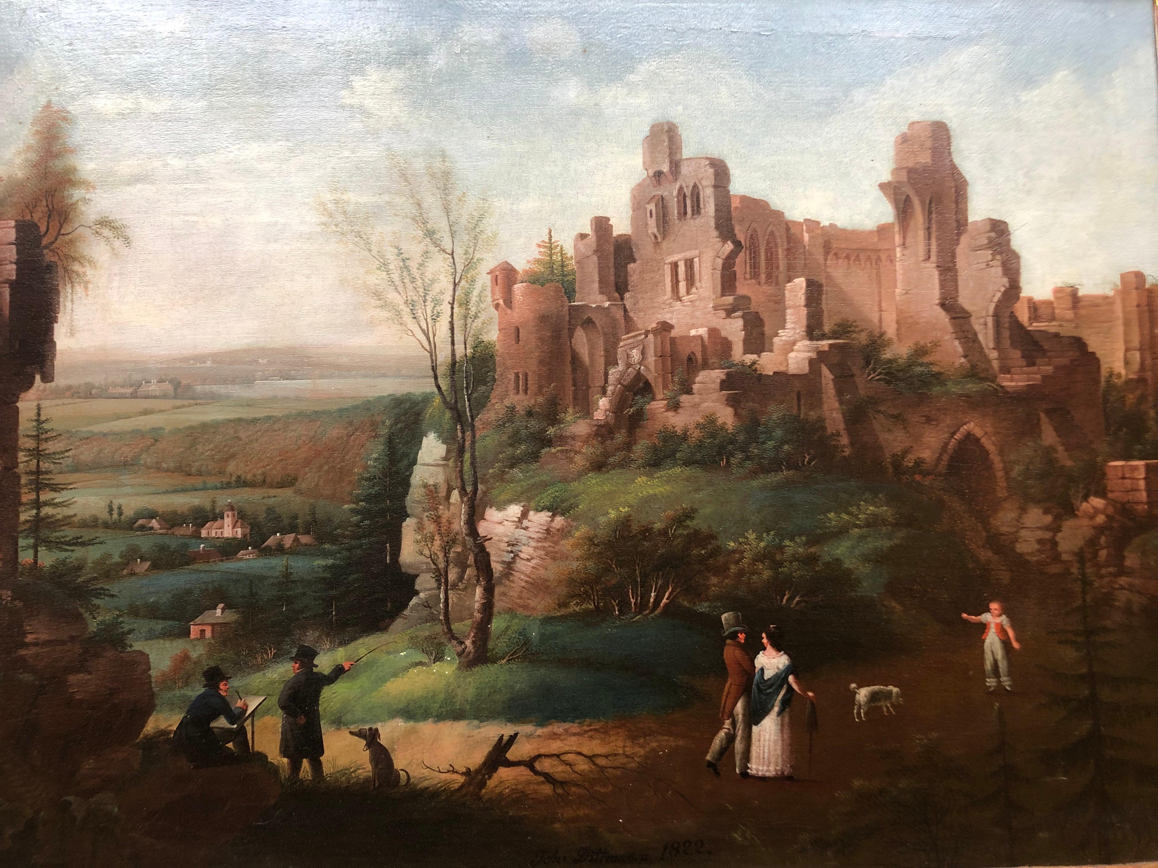 Oil painting on board Castle in Landscape by Johann Dittman 1822 - Realist Painting by Johan Dittman