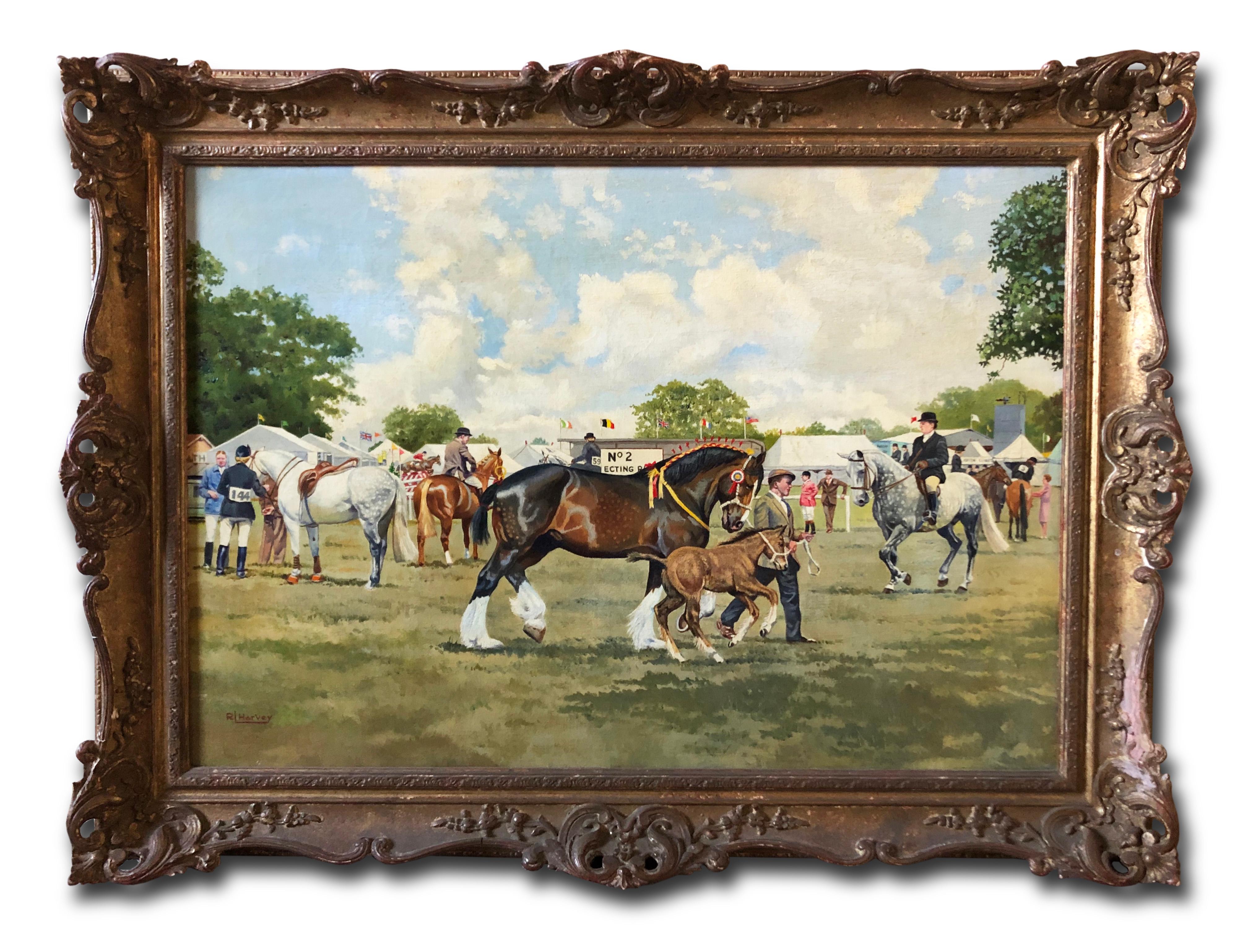 Oil Painting , Horses on a showground in the UK, by R. L. Harvey (1888-1973)