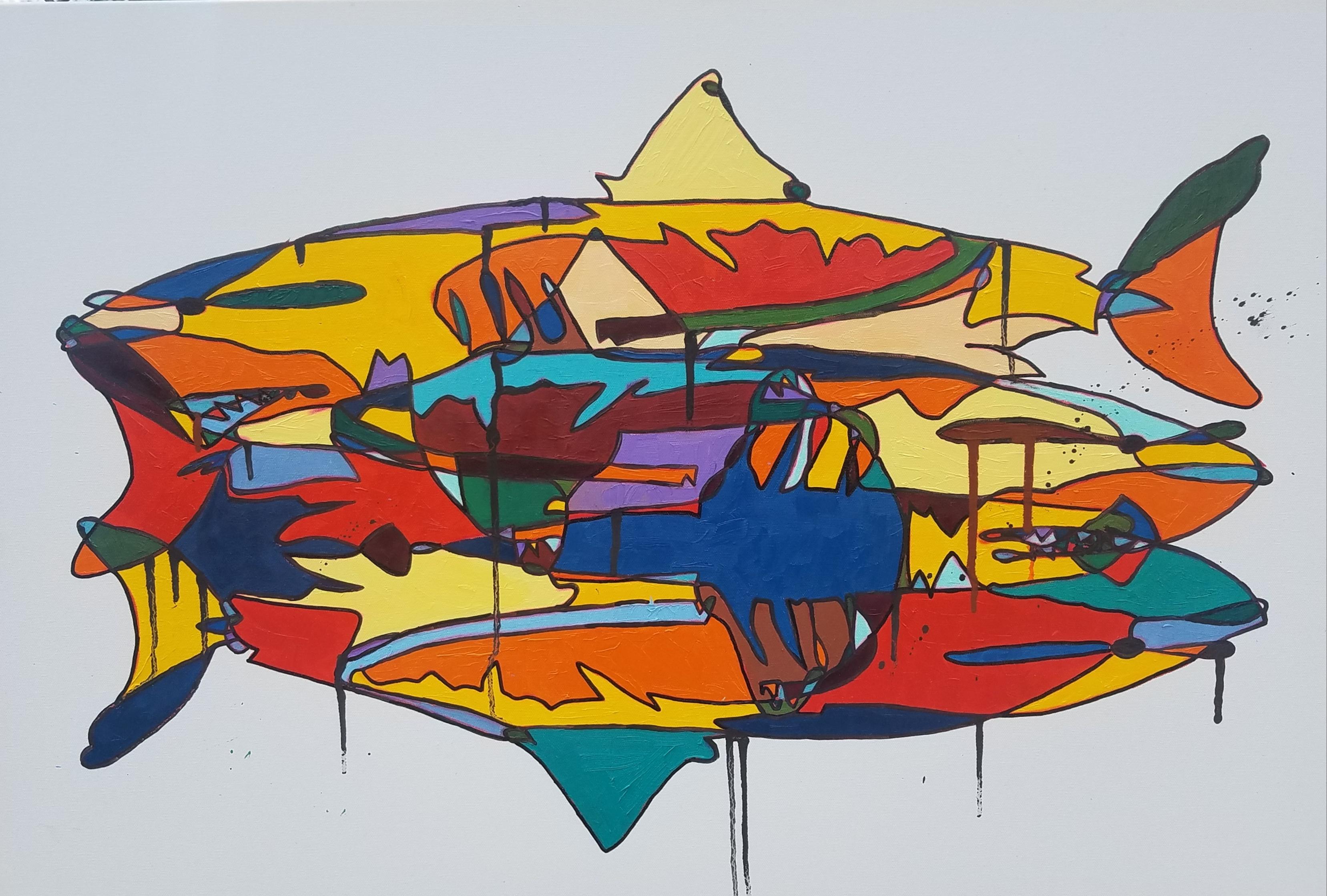 3 unbetitelte Sharks, mehrfarbiges Pop-Art-Gemälde von Michael Myers