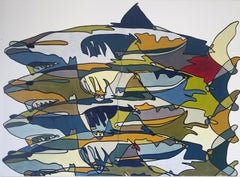 “Cabin Sharks”, multicolored shark oil painting on canvas by Michael Myers