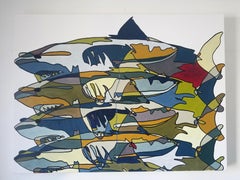 “Cabin Sharks”, multicolored shark oil painting on canvas by Michael Myers