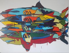"Four sharks Untitled #4" Multicolored Shark Painting on Canvas by Michael Myers
