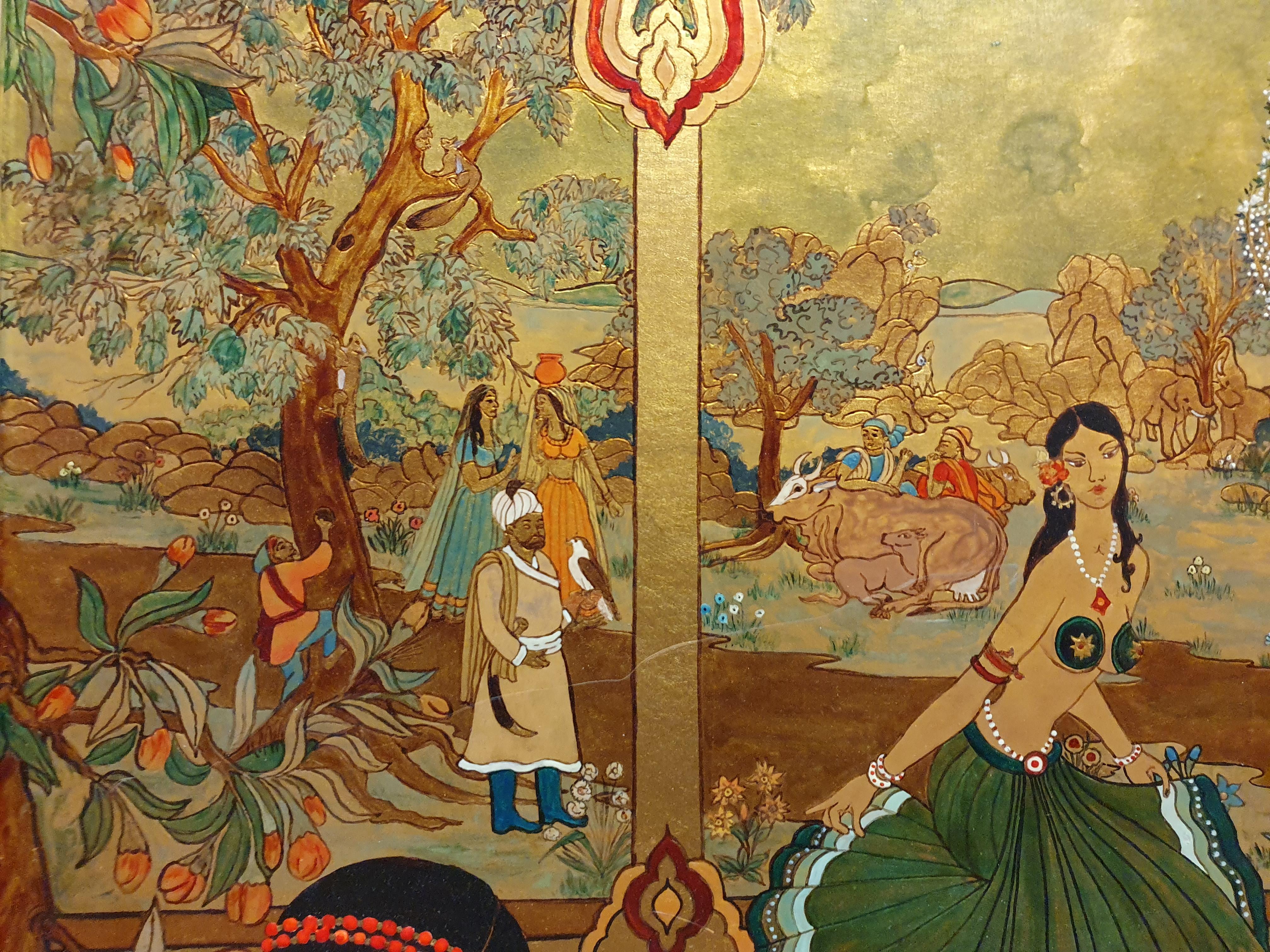 Enamel Painting of Exotic Asian figures dancing, Bead Dancers , Ann Graham  For Sale 1