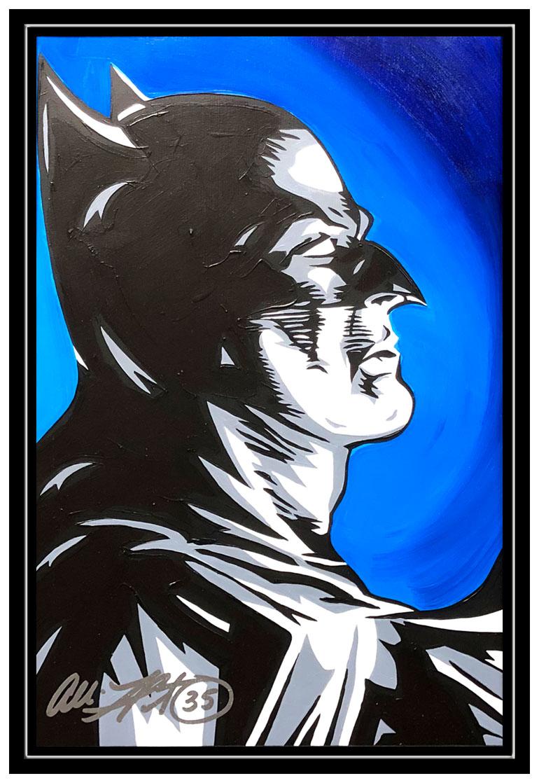 Allison Lefcort Original Acrylic Painting Back Man Dark Knight Signed Cartoon For Sale 1