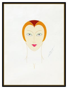 Erte Original Gouache Painting Rare Female Portrait Signed Art Deco Tirtoff SBO