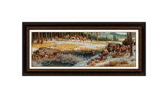 Russische Vickers, Original-Ölgemälde auf Karton, Western-Landschaft, Pferd gerahmt, Kunst