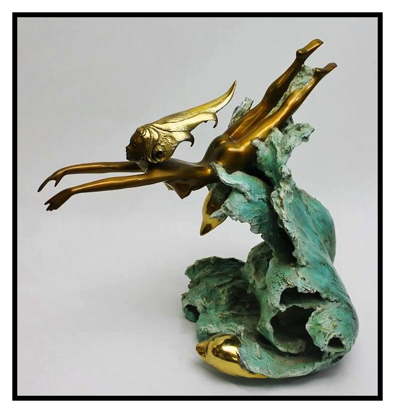 Angelo Basso Figurative Sculpture - Angel Basso Original Bronze Sculpture Companions Nude Female Sealife Signed Art