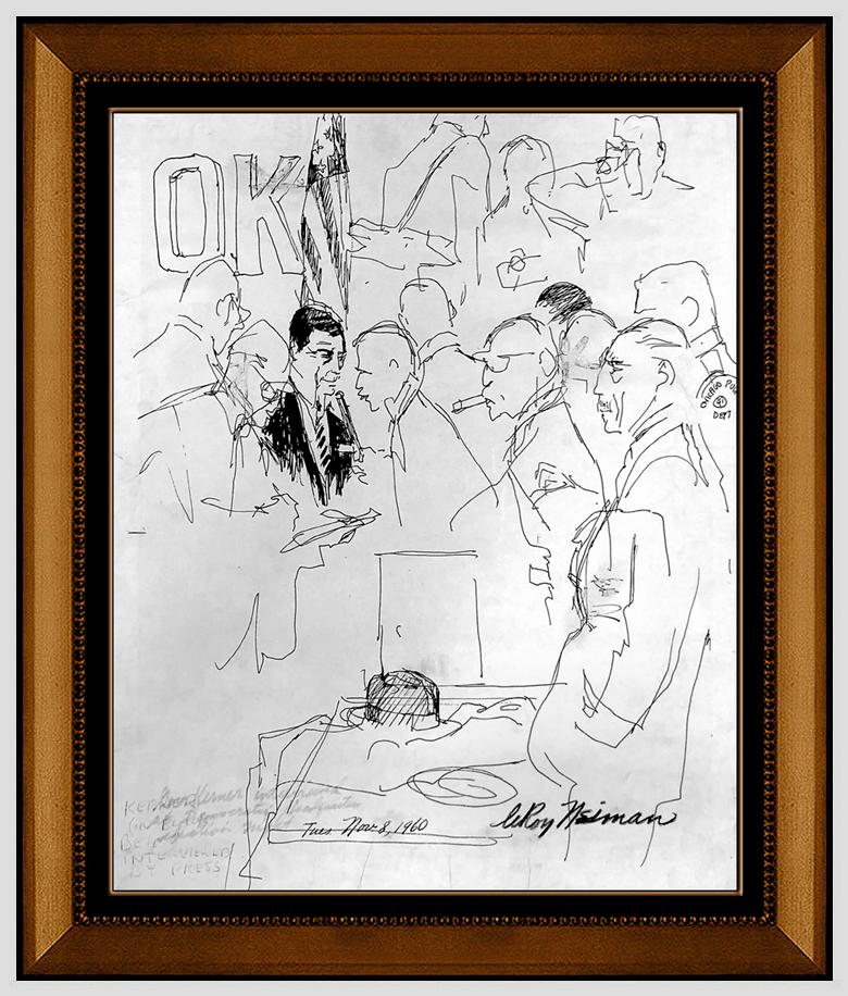 Leroy Neiman Figurative Art - LeRoy Neiman Original Ink Drawing Signed Chicago Political Portrait Framed Art