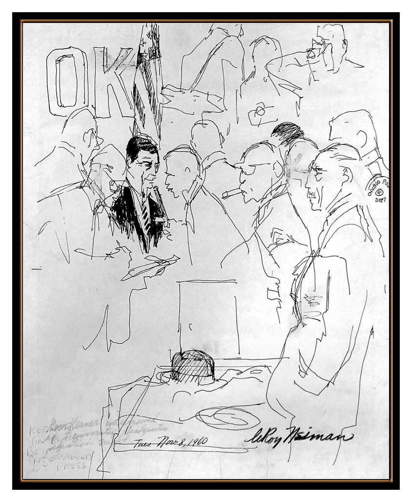 LeRoy Neiman Original Ink Drawing Signed Chicago Political Portrait Framed Art - Gray Figurative Art by Leroy Neiman